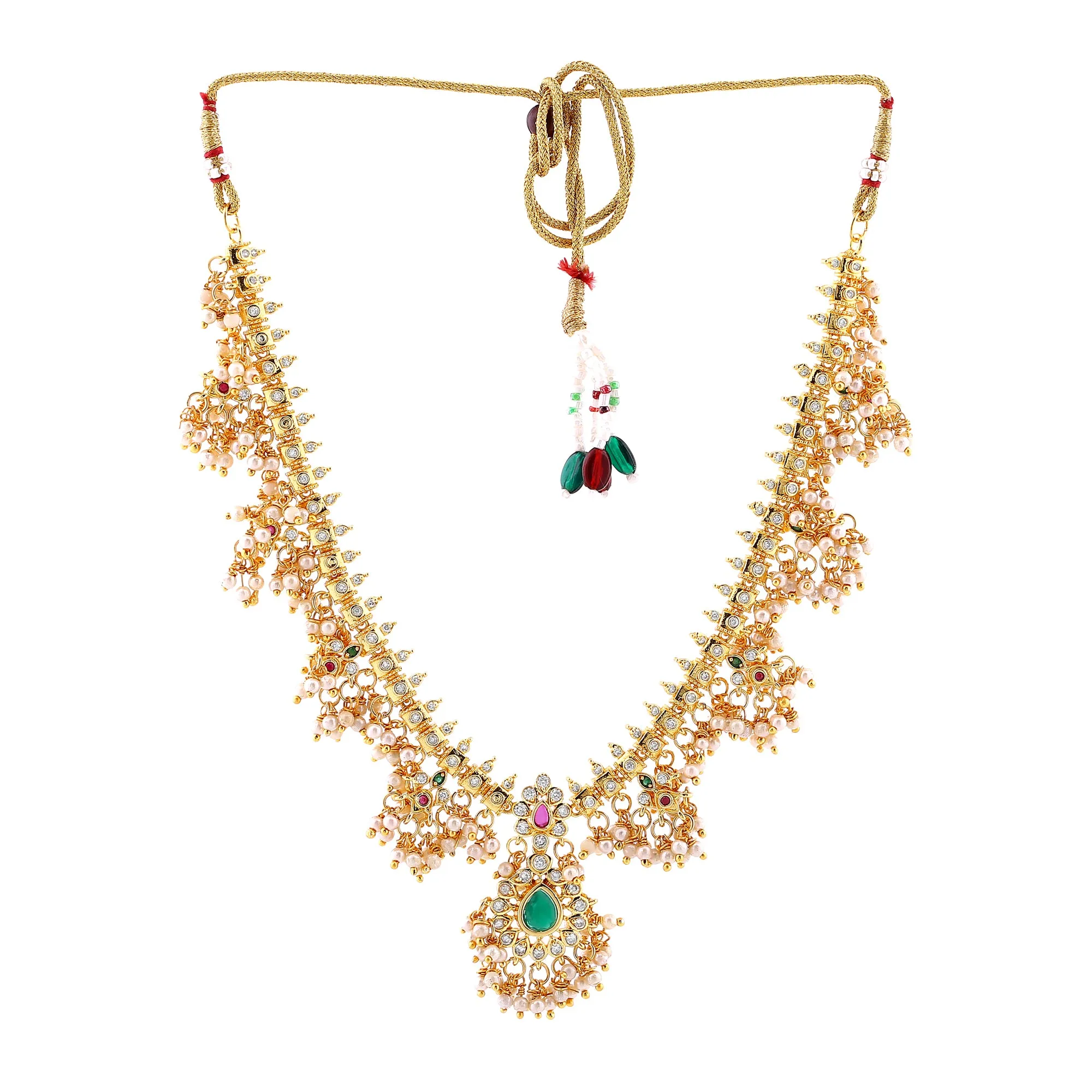 Estele Gold Plated CZ Machlipatnam Bridal Necklace Set with Pearls & Colored Crystals for Women