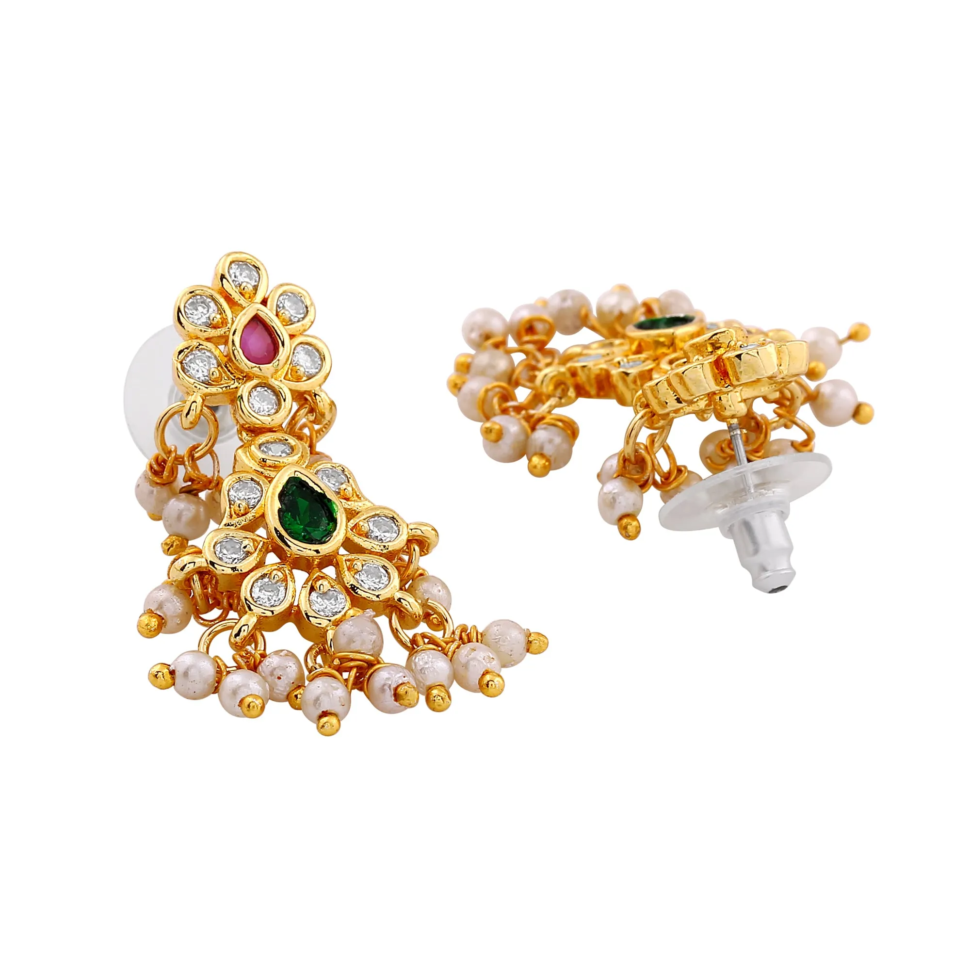 Estele Gold Plated CZ Machlipatnam Bridal Necklace Set with Pearls & Colored Crystals for Women