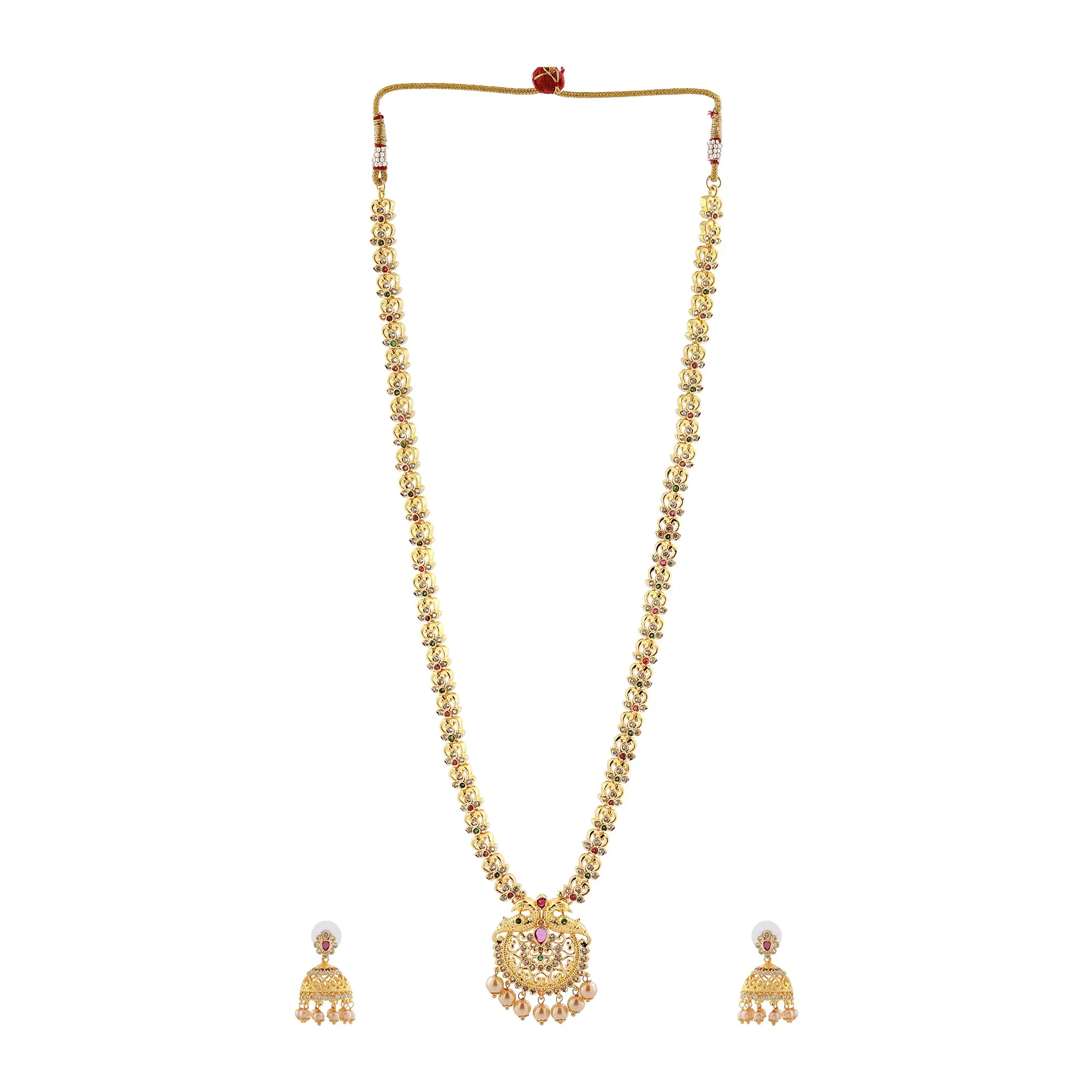 Estele Gold plated CZ Peacock inspired Bridal long Necklace set with color stones & pearls for Women with jhumki