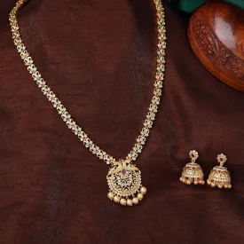 Estele Gold plated CZ Peacock inspired Bridal long Necklace set with color stones & pearls for Women with jhumki