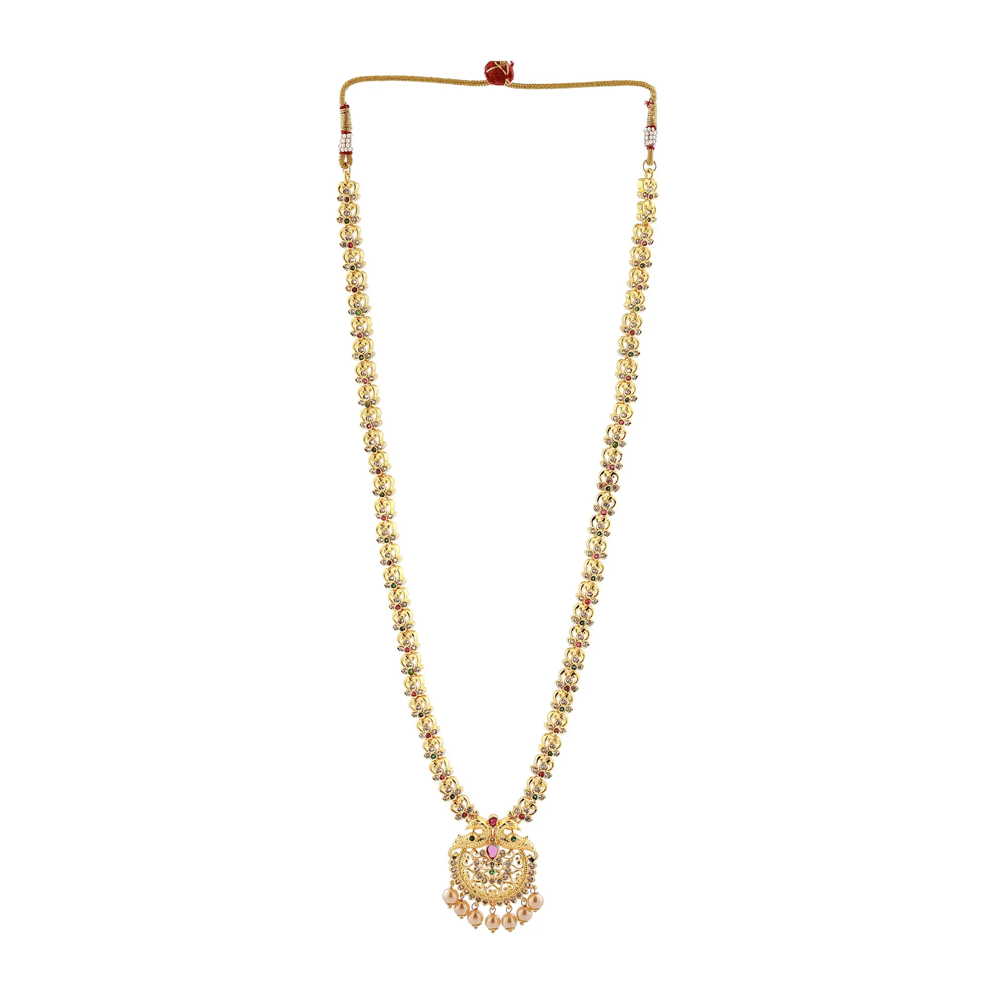 Estele Gold plated CZ Peacock inspired Bridal long Necklace set with color stones & pearls for Women with jhumki