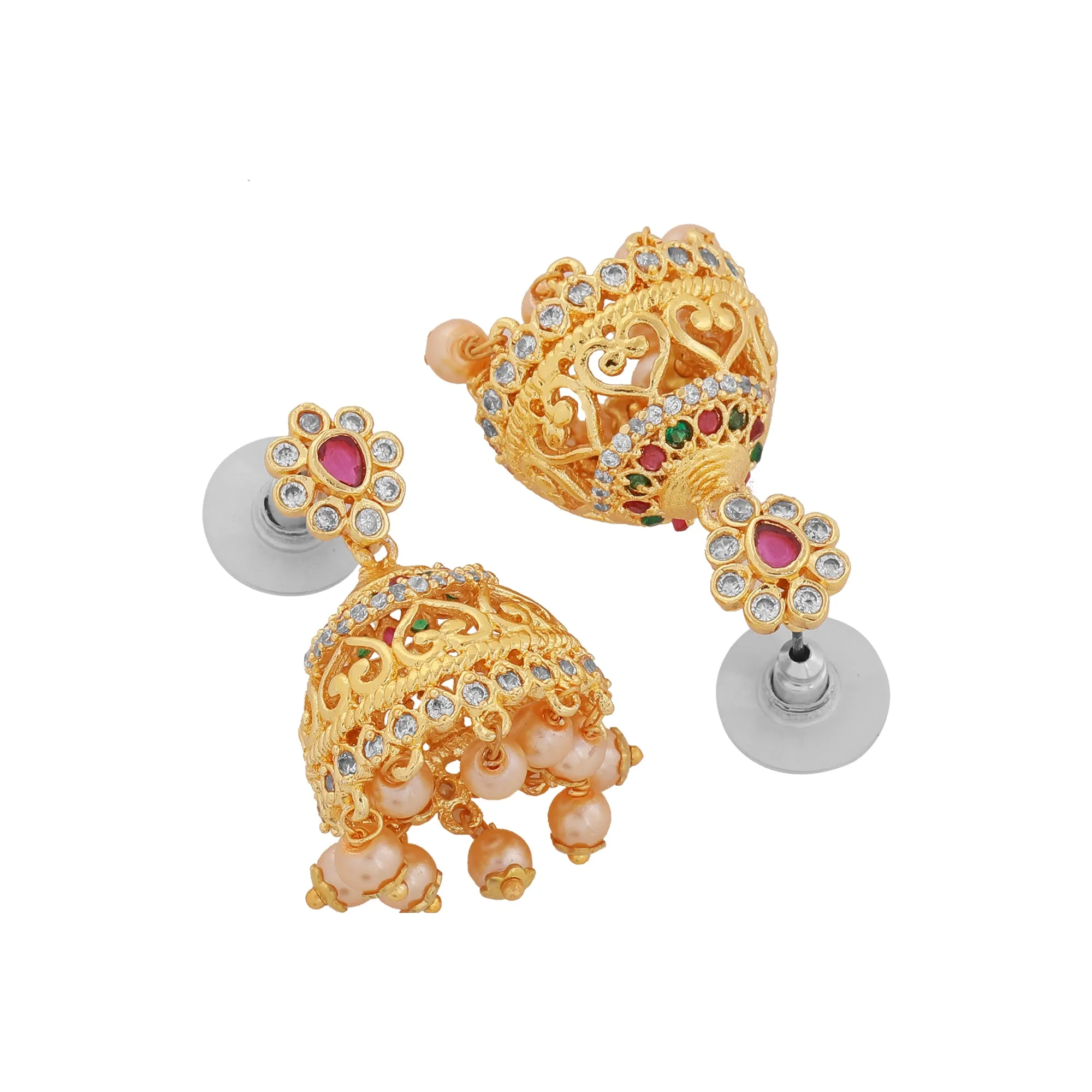 Estele Gold plated CZ Peacock inspired Bridal long Necklace set with color stones & pearls for Women with jhumki