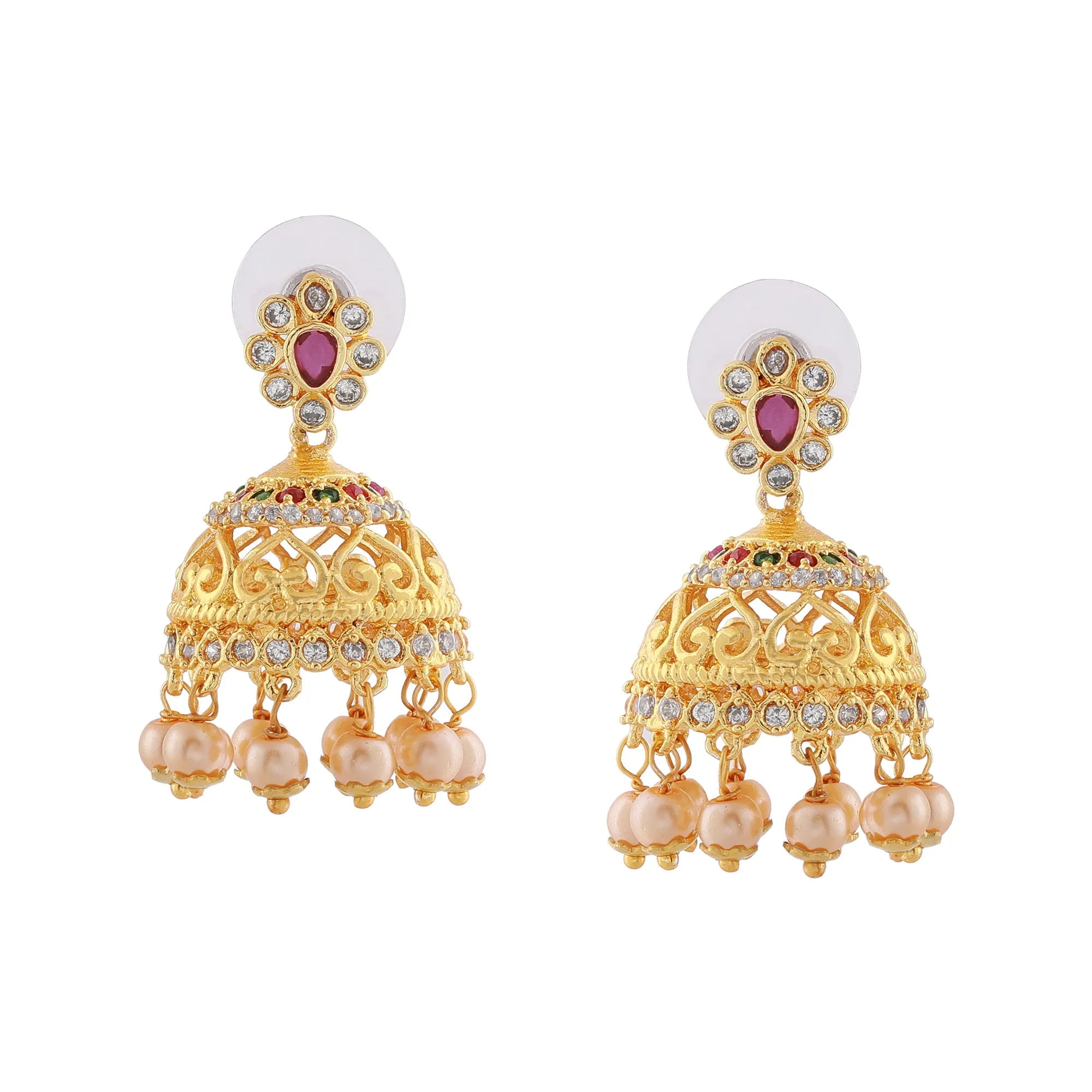 Estele Gold plated CZ Peacock inspired Bridal long Necklace set with color stones & pearls for Women with jhumki
