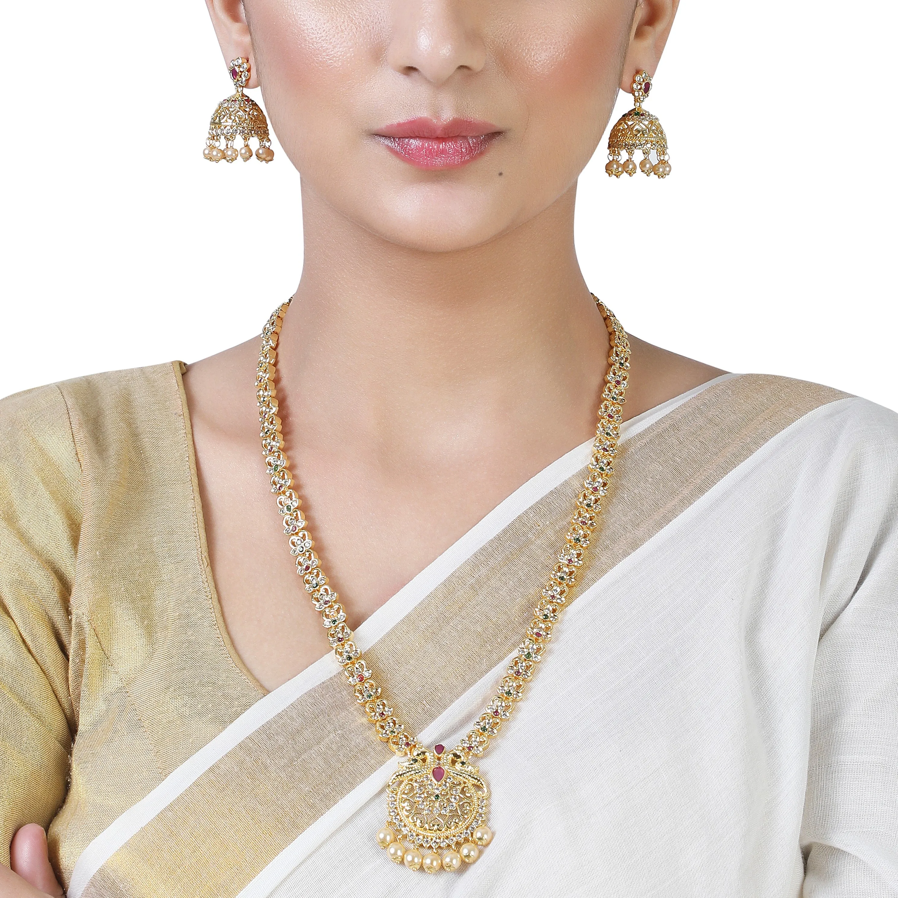 Estele Gold plated CZ Peacock inspired Bridal long Necklace set with color stones & pearls for Women with jhumki
