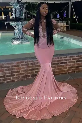Flamingo Lace Sheer Long Sleeves Mermaid Prom Dress