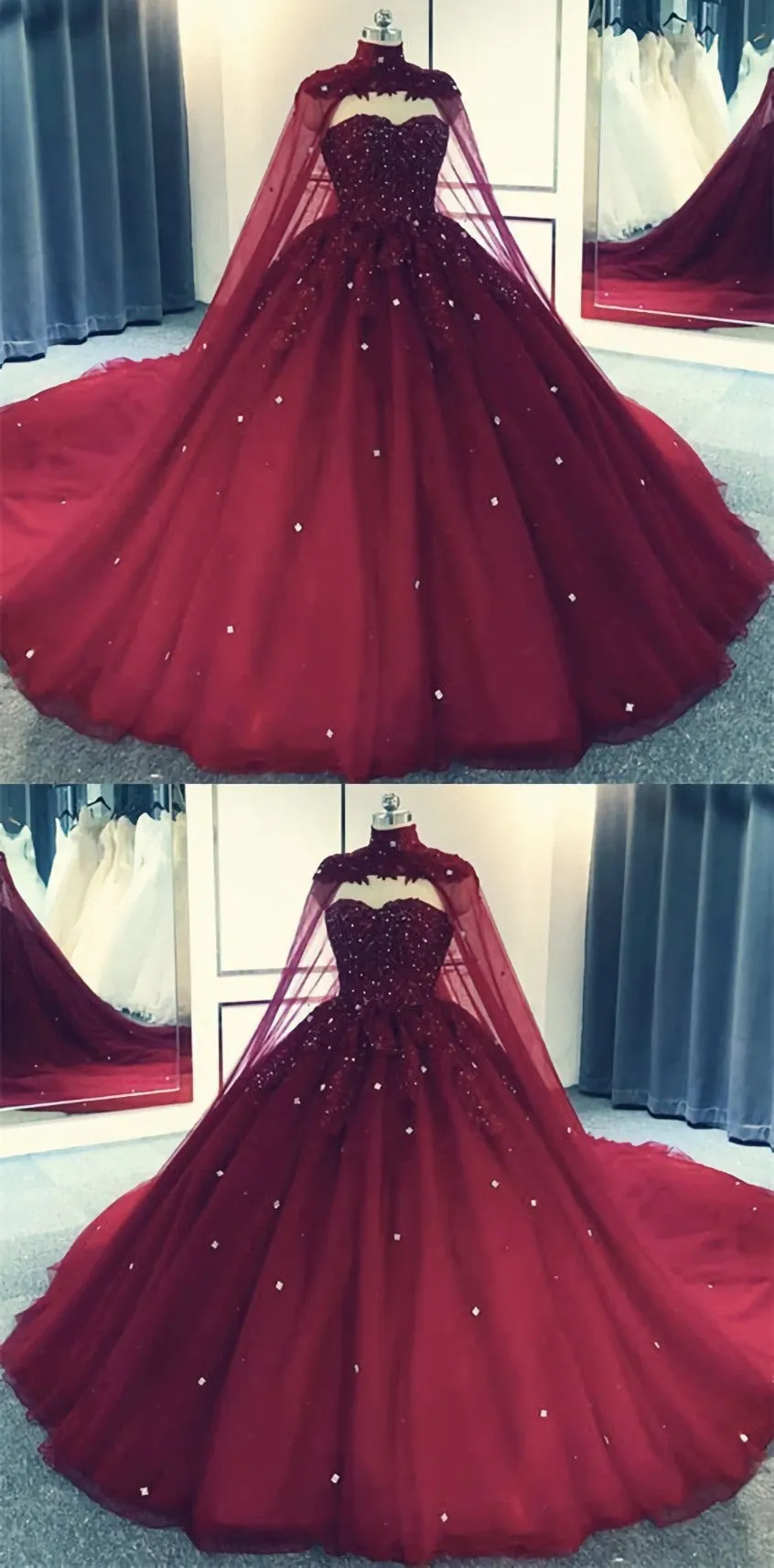 Glam Ball Gown Quinceanera Dress Lace Applique Beaded Cape, Wine Red Formal Dress Party Gowns