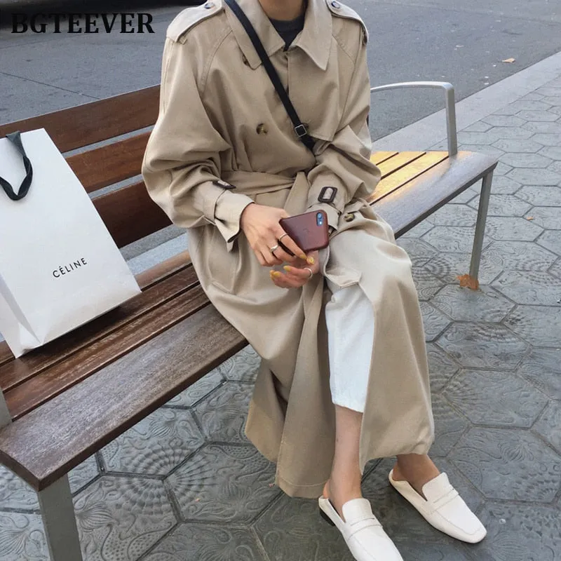 Joskaa Christmas Gift British Double Breasted Oversized Long Trench Coat Women Windbreaker Fashion Female Turn-down Collar Long Overcoats