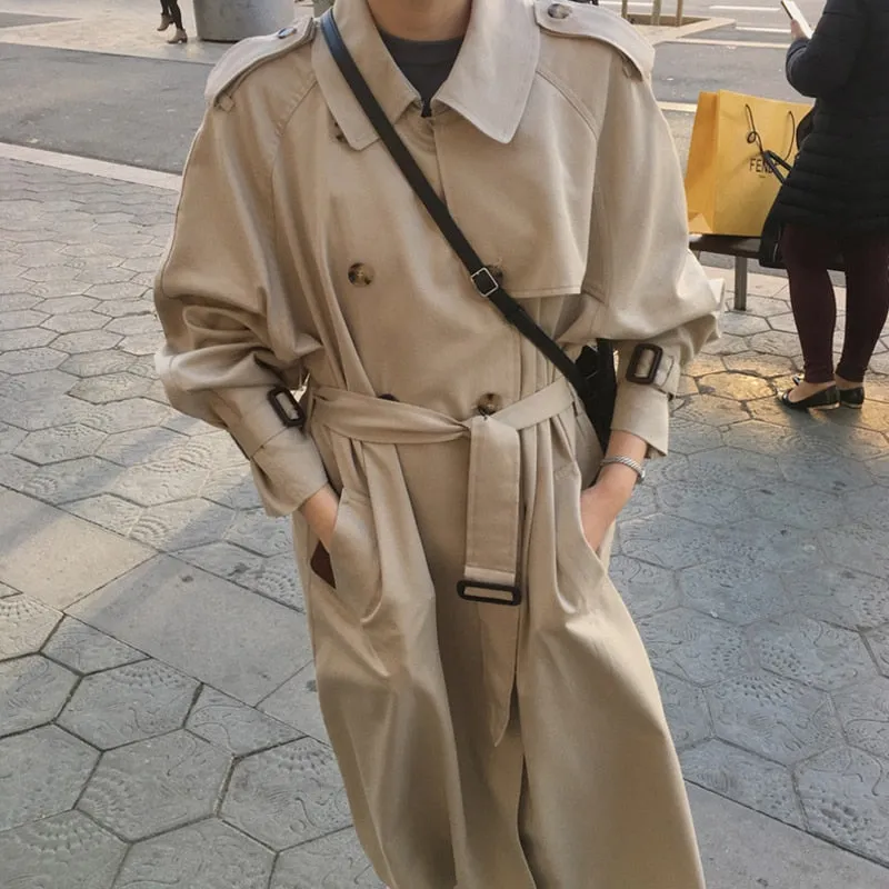 Joskaa Christmas Gift British Double Breasted Oversized Long Trench Coat Women Windbreaker Fashion Female Turn-down Collar Long Overcoats