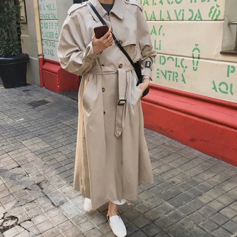 Joskaa Christmas Gift British Double Breasted Oversized Long Trench Coat Women Windbreaker Fashion Female Turn-down Collar Long Overcoats