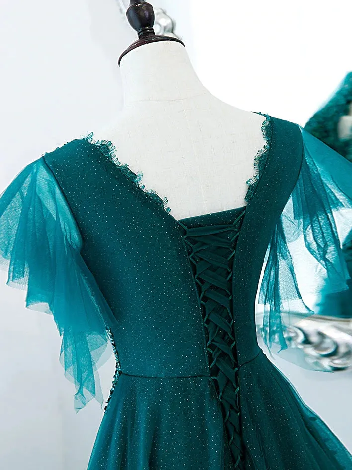 kamahe Green Prom Dresses, V Neck Tulle Sequin Beads Long Prom Dress Hand Made Evening Dress