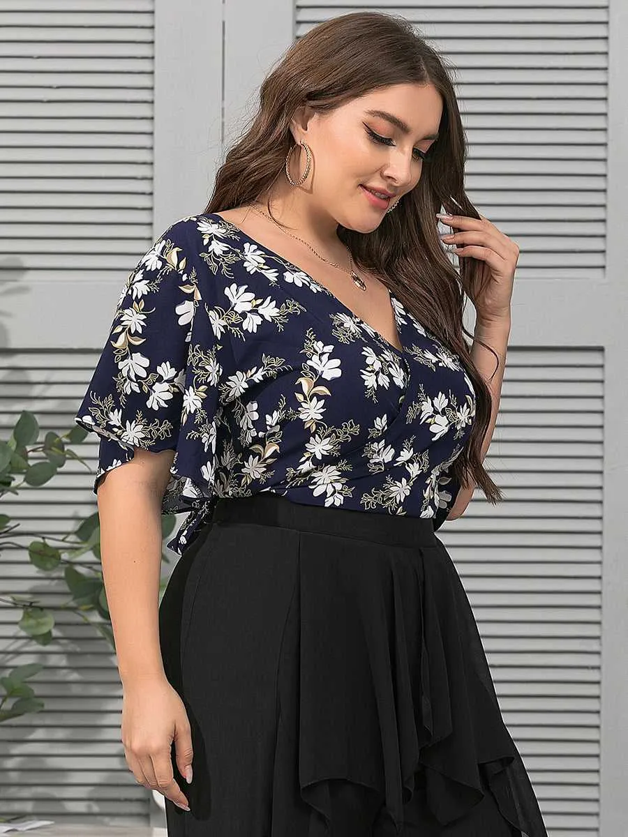 KittenAlarm - Plus Size Fashion Women V Neck Flower Printing Backless Blouse Shirt