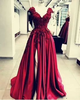 Lace Flowers Beaded Cap Sleeves V Neck Prom Dresses Split Evening Gowns