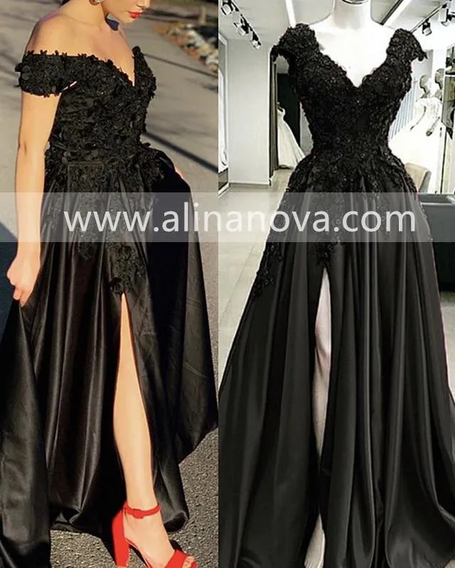 Lace Flowers Beaded Cap Sleeves V Neck Prom Dresses Split Evening Gowns