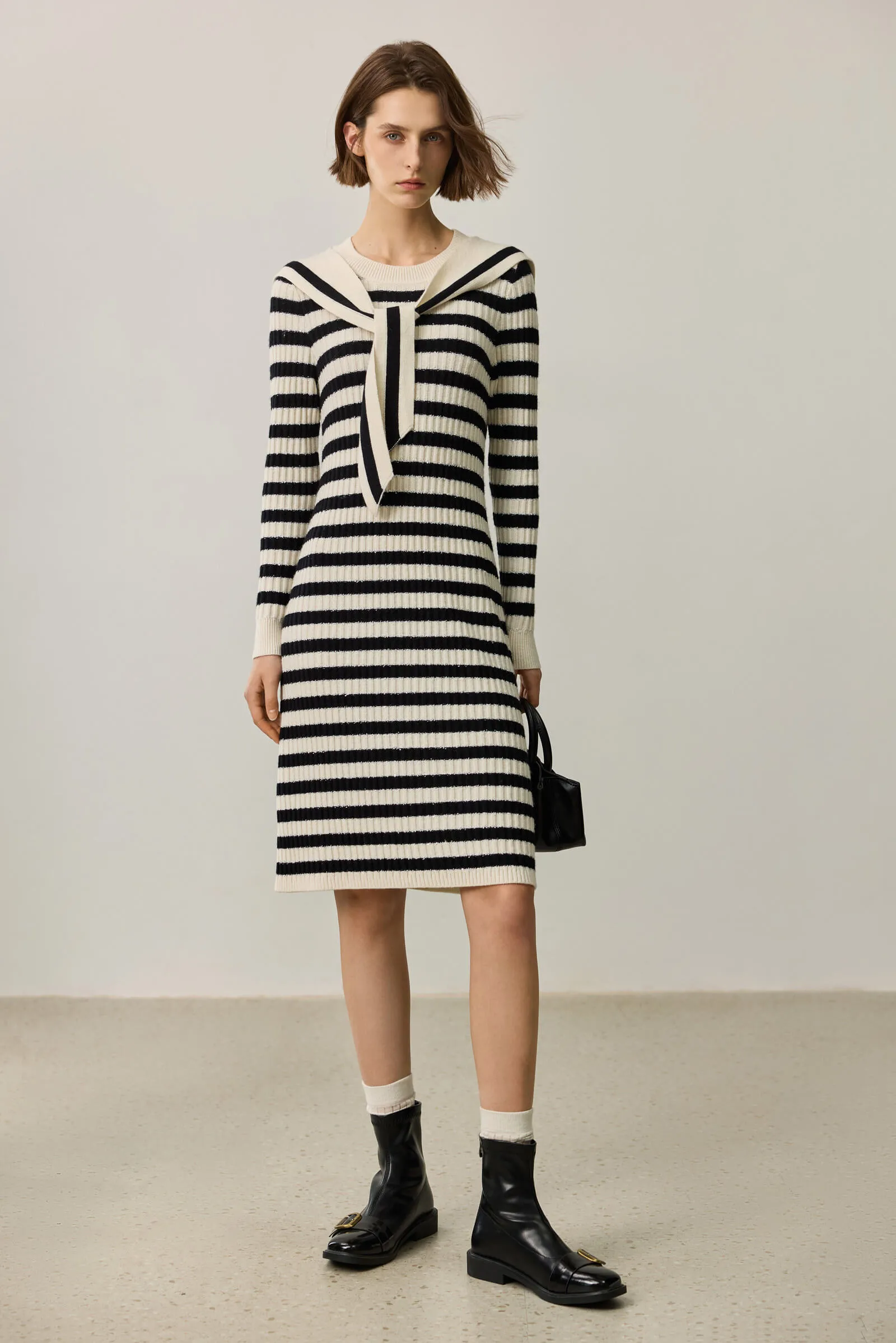 LILY Black and White Striped Knit Dress