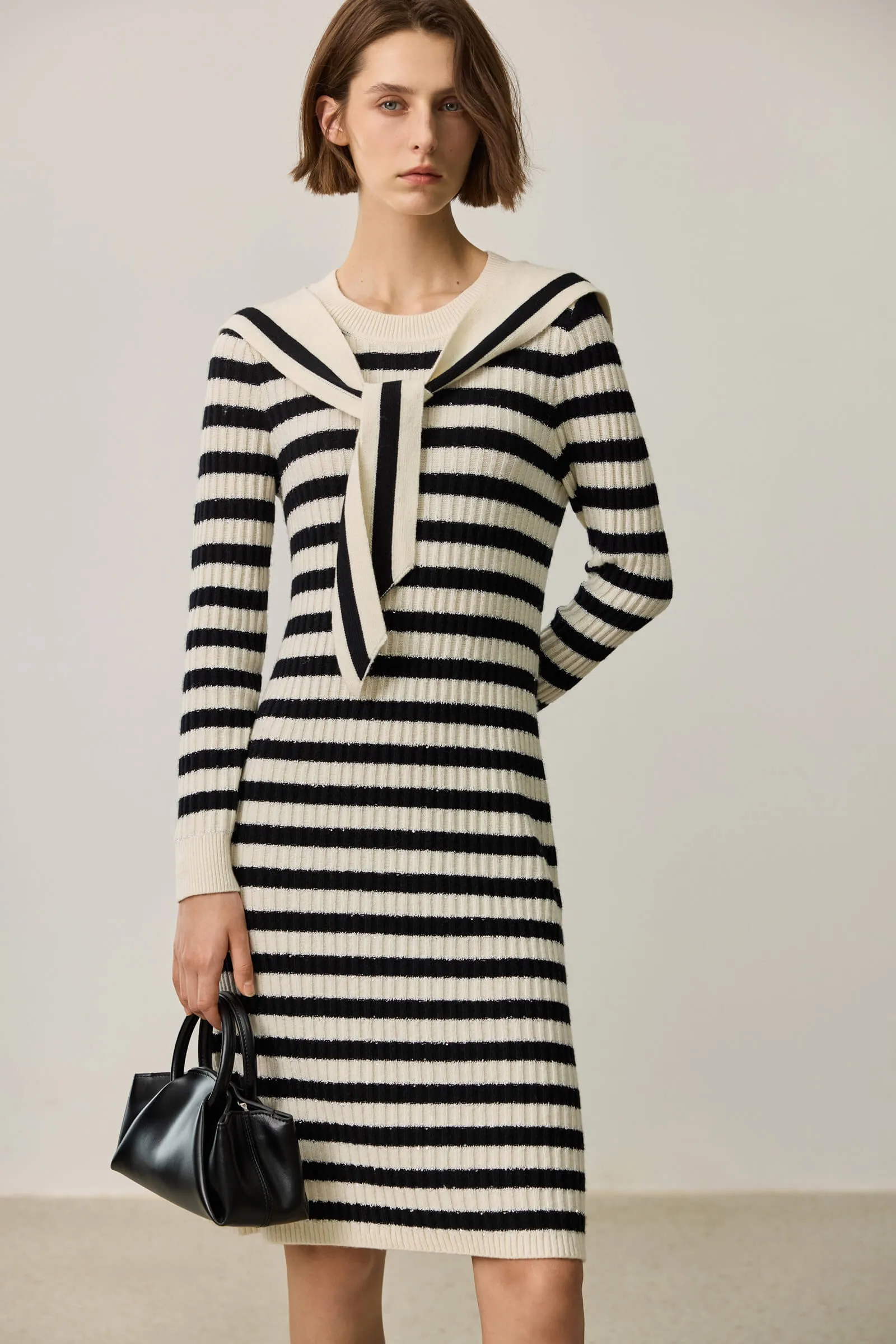 LILY Black and White Striped Knit Dress