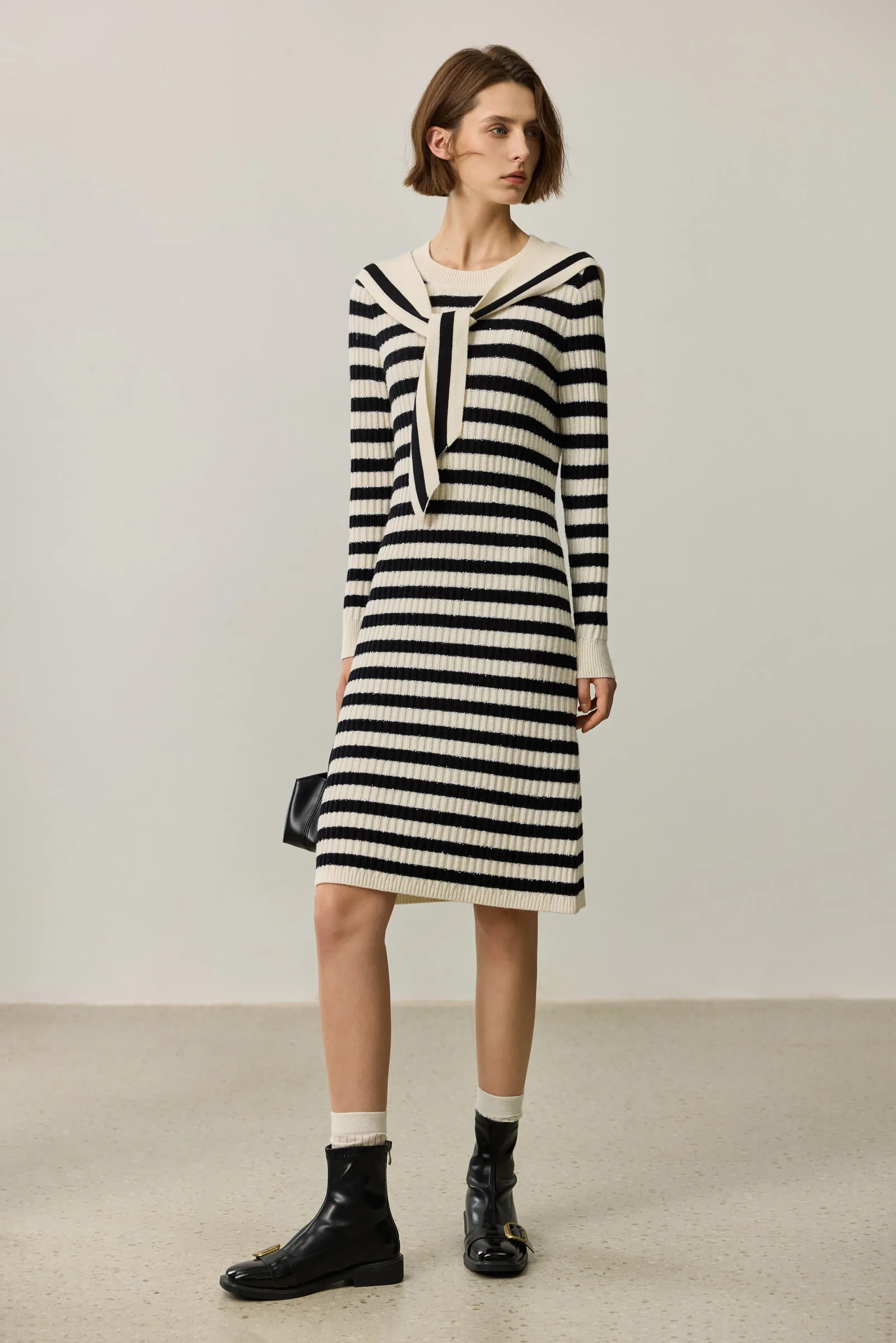 LILY Black and White Striped Knit Dress
