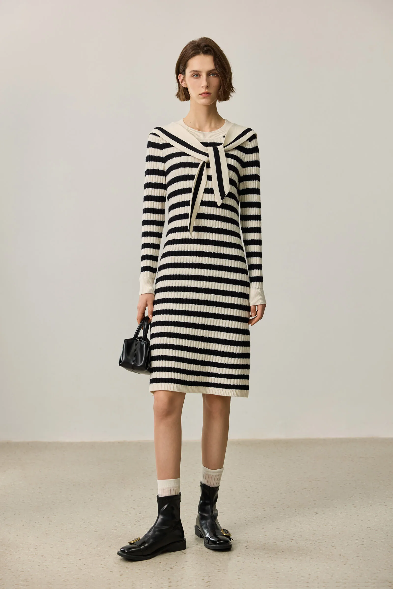 LILY Black and White Striped Knit Dress