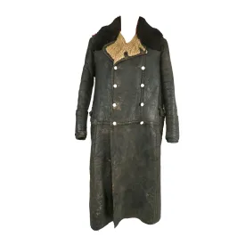 Original German WWII General Staff Hauptmann Officer's Black Leather Winter Fur-Lined Greatcoat