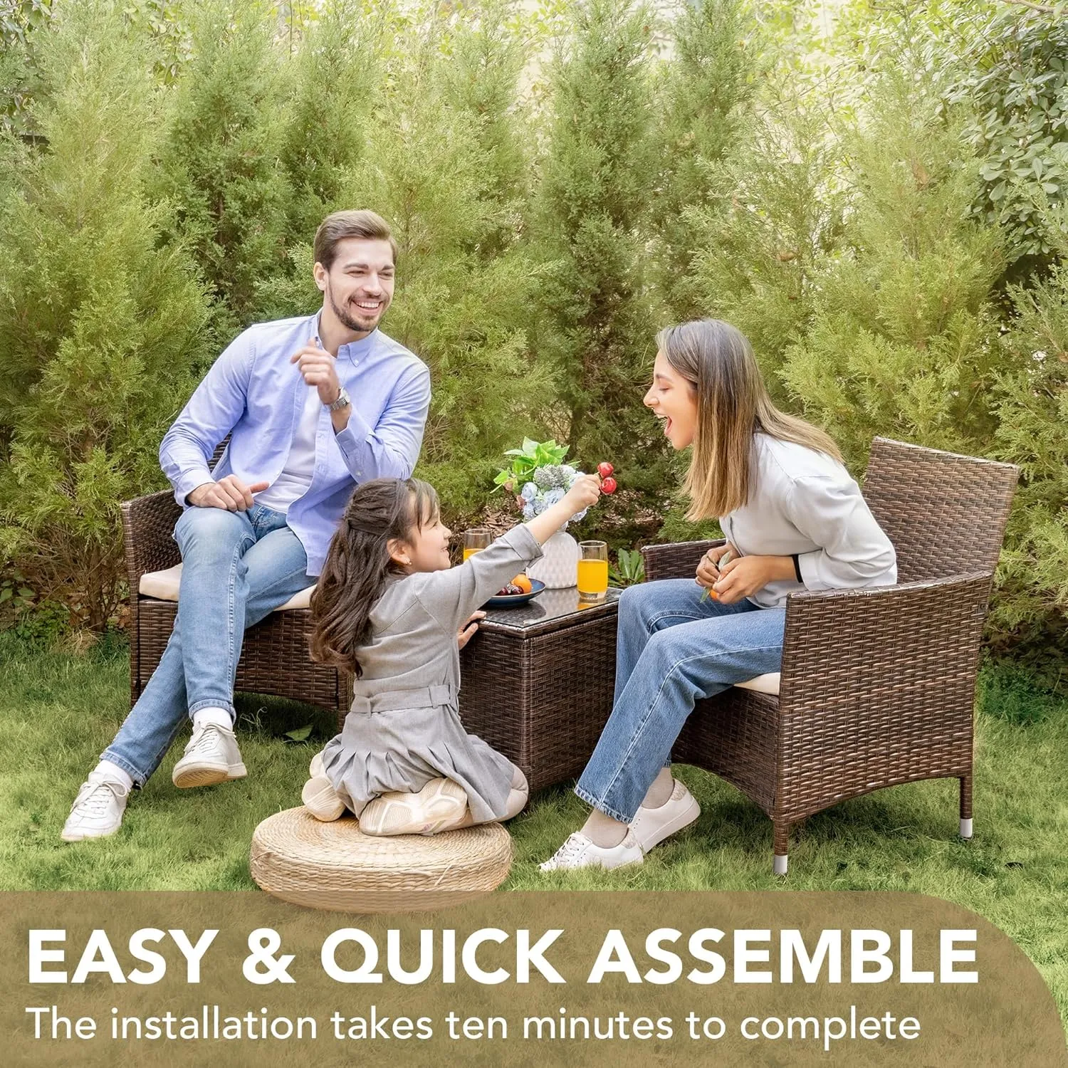 Patio Porch Furniture Sets 3 Pieces PE Rattan Wicker Chairs with Table Outdoor Garden Furniture Sets