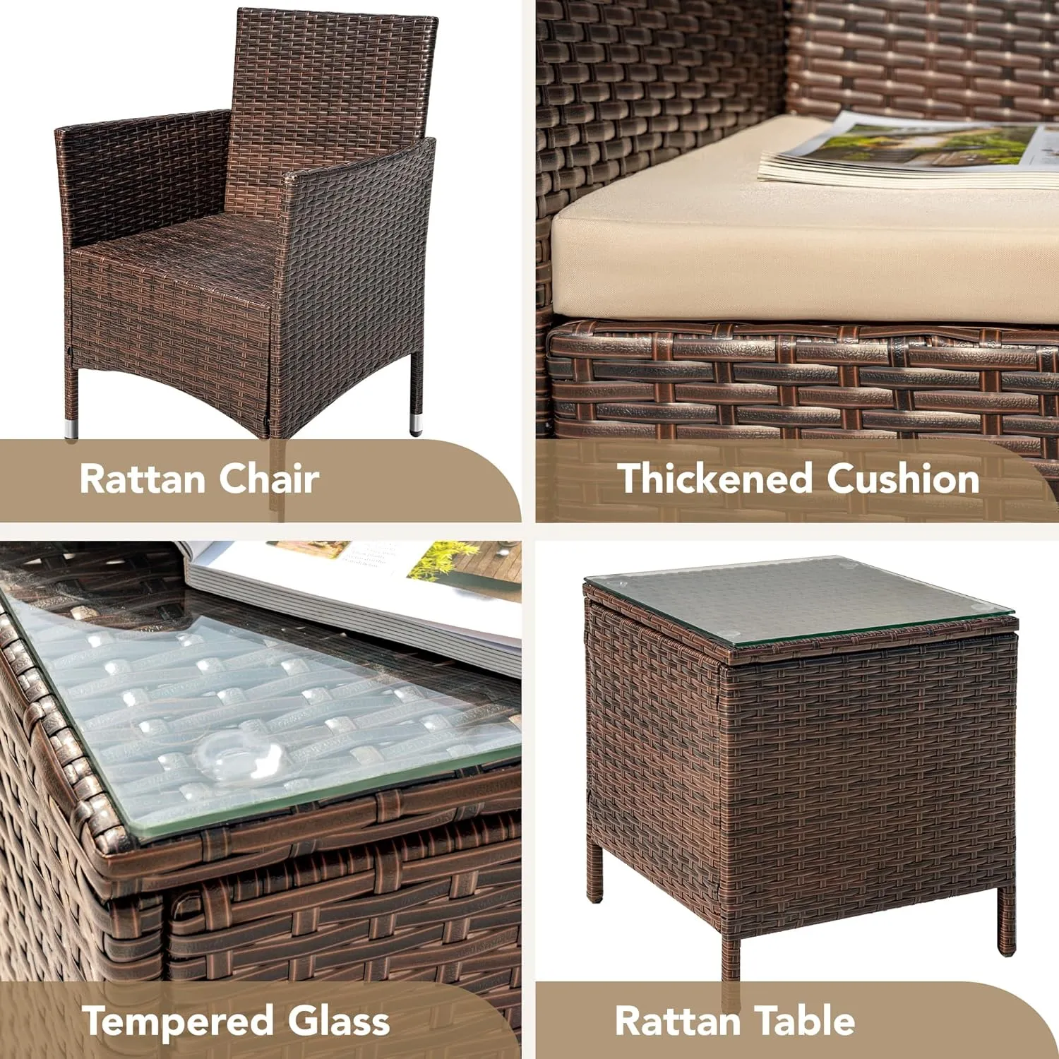 Patio Porch Furniture Sets 3 Pieces PE Rattan Wicker Chairs with Table Outdoor Garden Furniture Sets