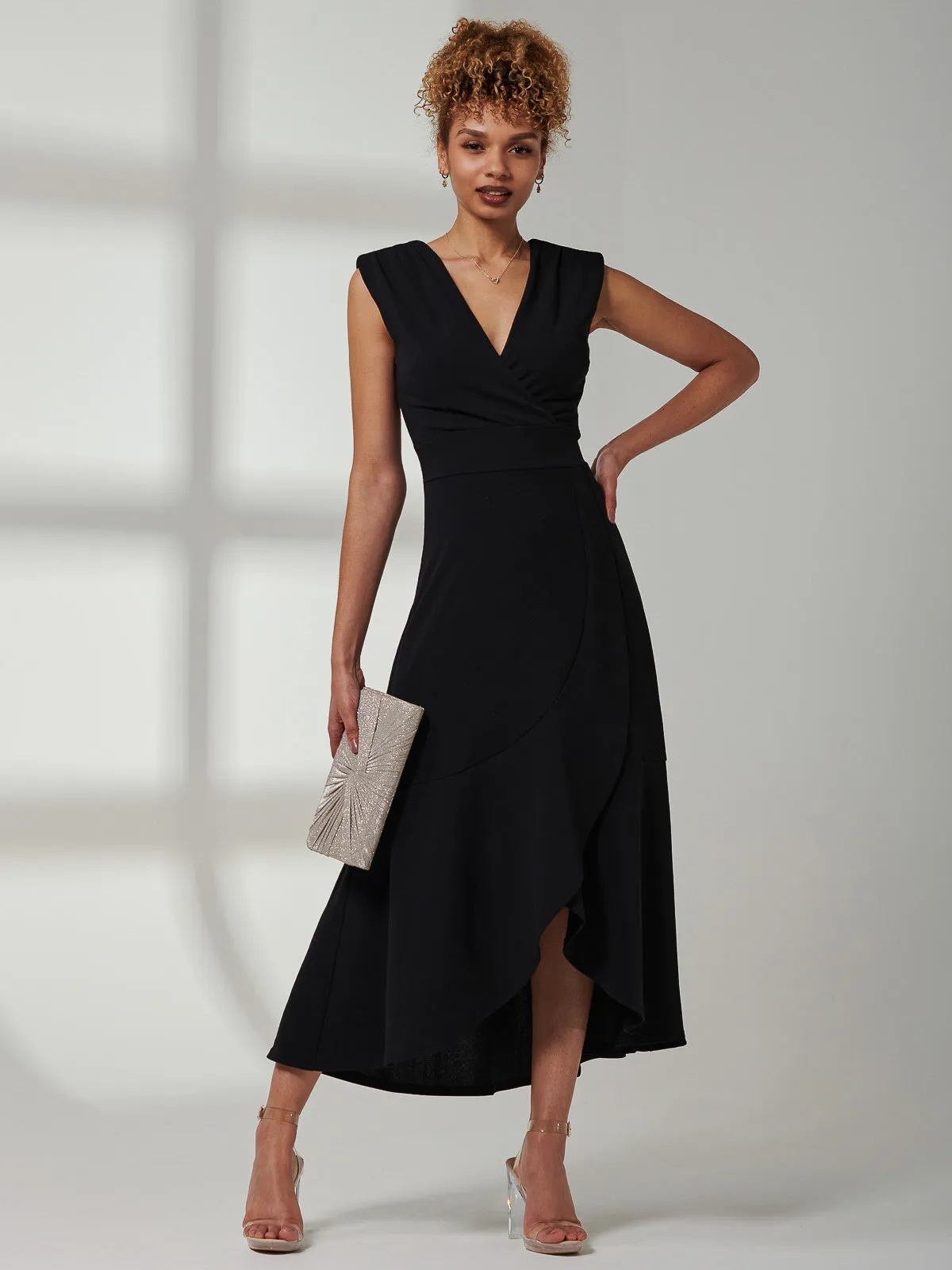 Preslie Wrap Frill Hem Maxi Dress, Black
