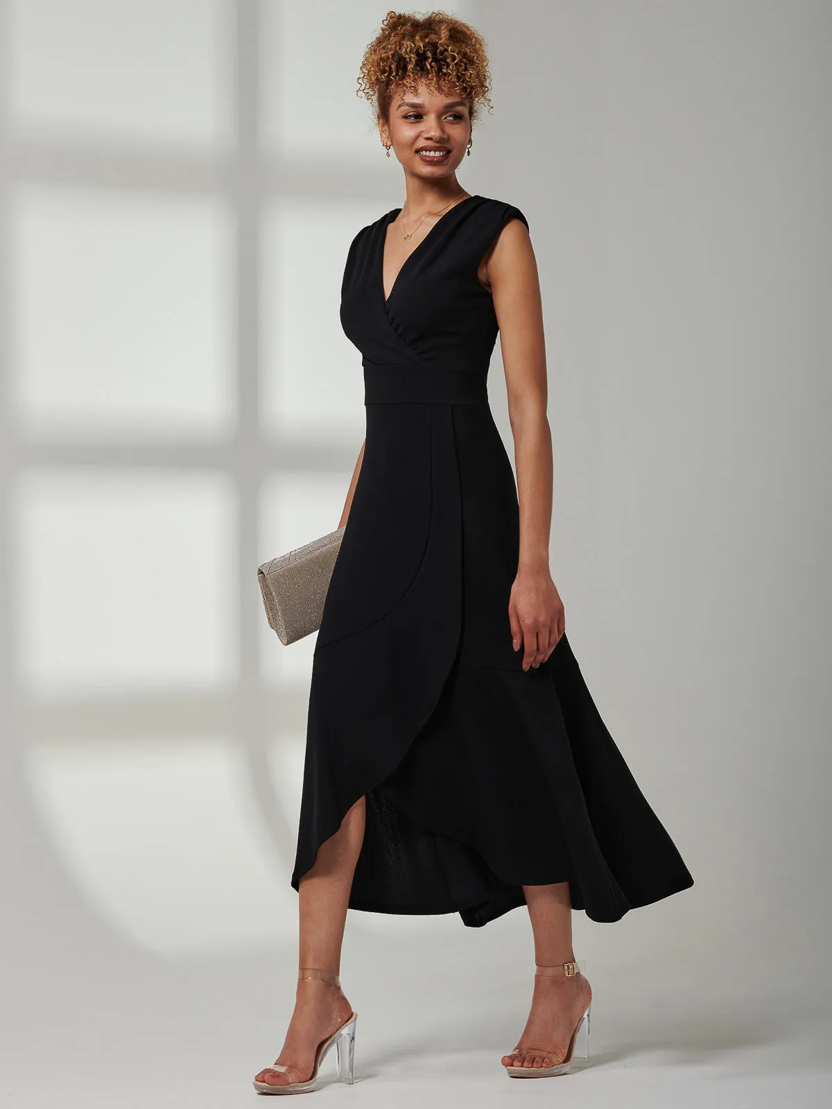 Preslie Wrap Frill Hem Maxi Dress, Black