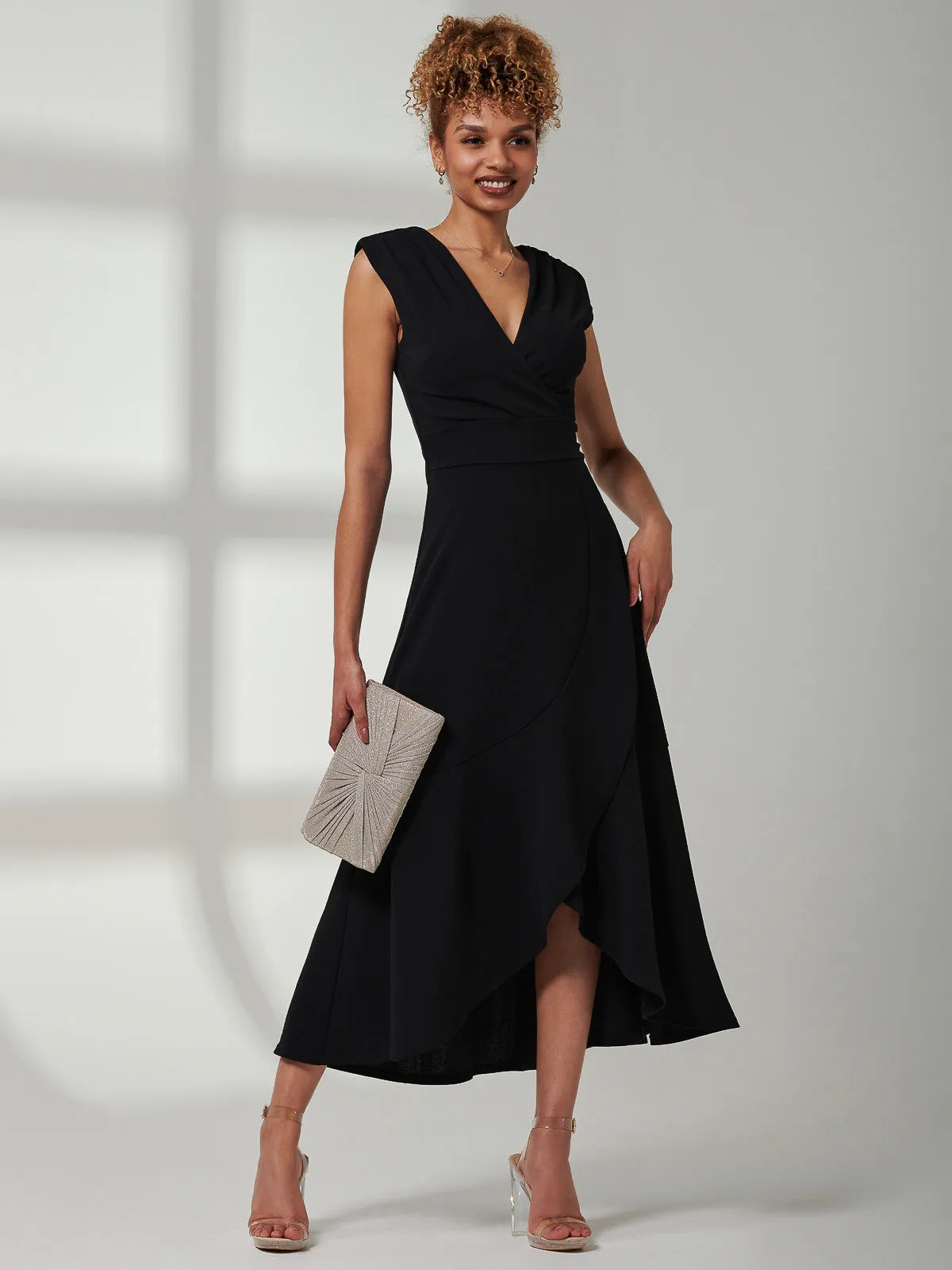 Preslie Wrap Frill Hem Maxi Dress, Black