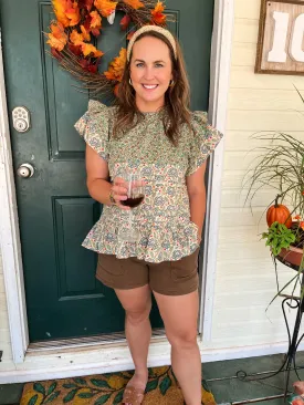 Printed Ruffle Short Sleeve Top - Green