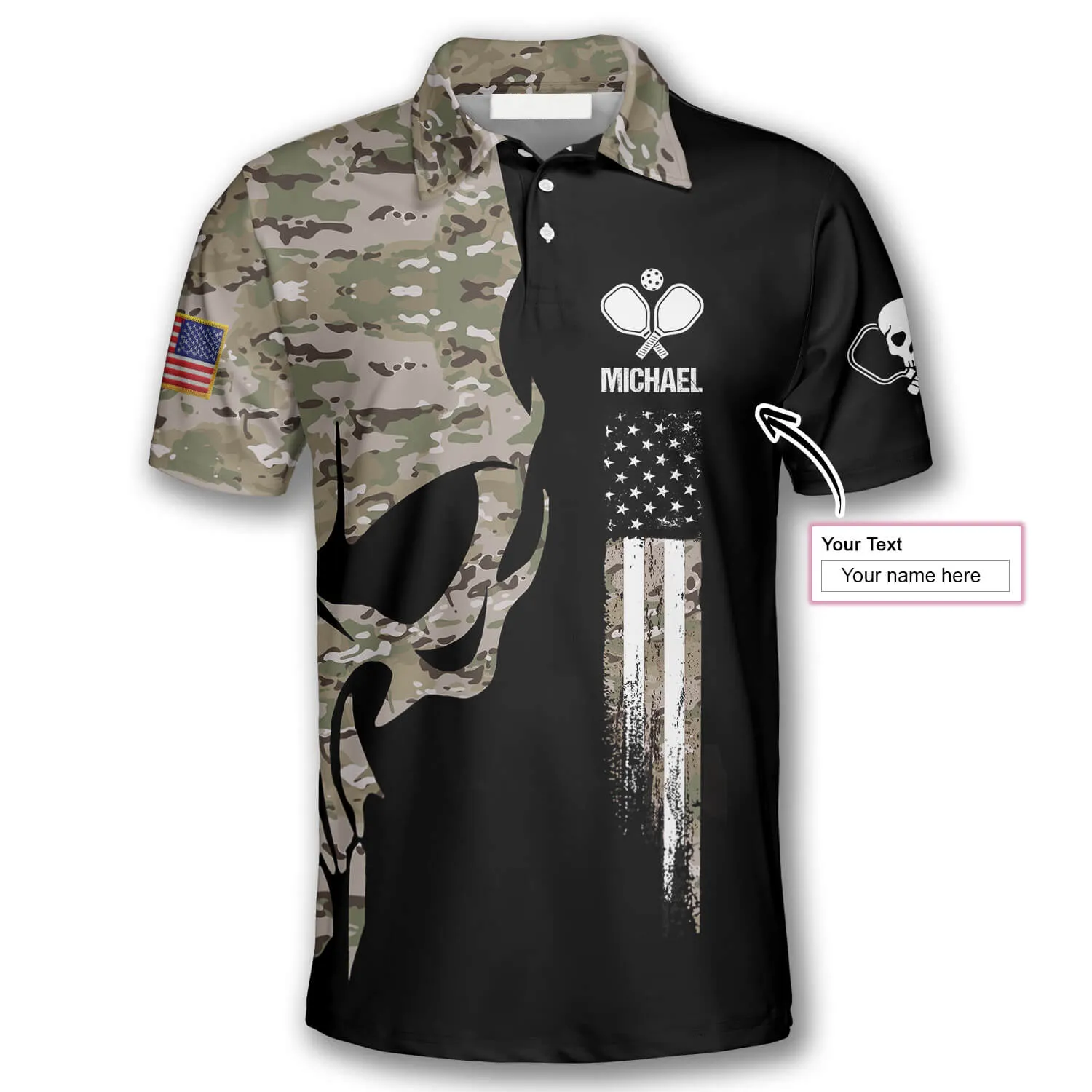 Skull Camouflage American Flag Custom Pickleball Shirts for Men