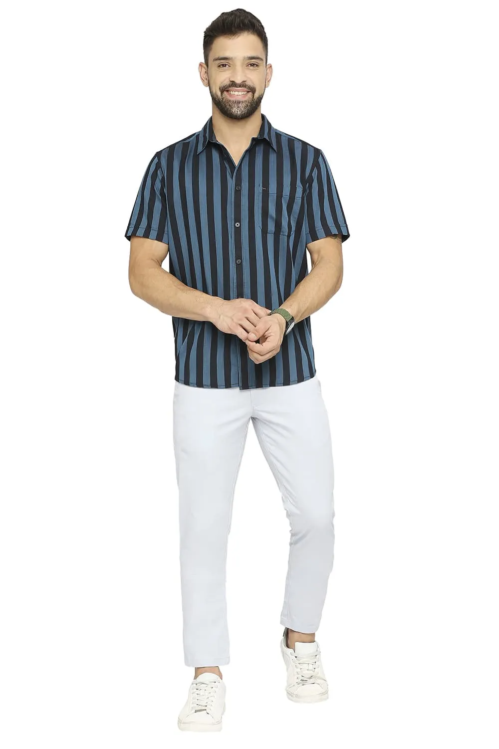 Slim Fit Cotton Polyester Twill Stripe Halfsleeves Shirt