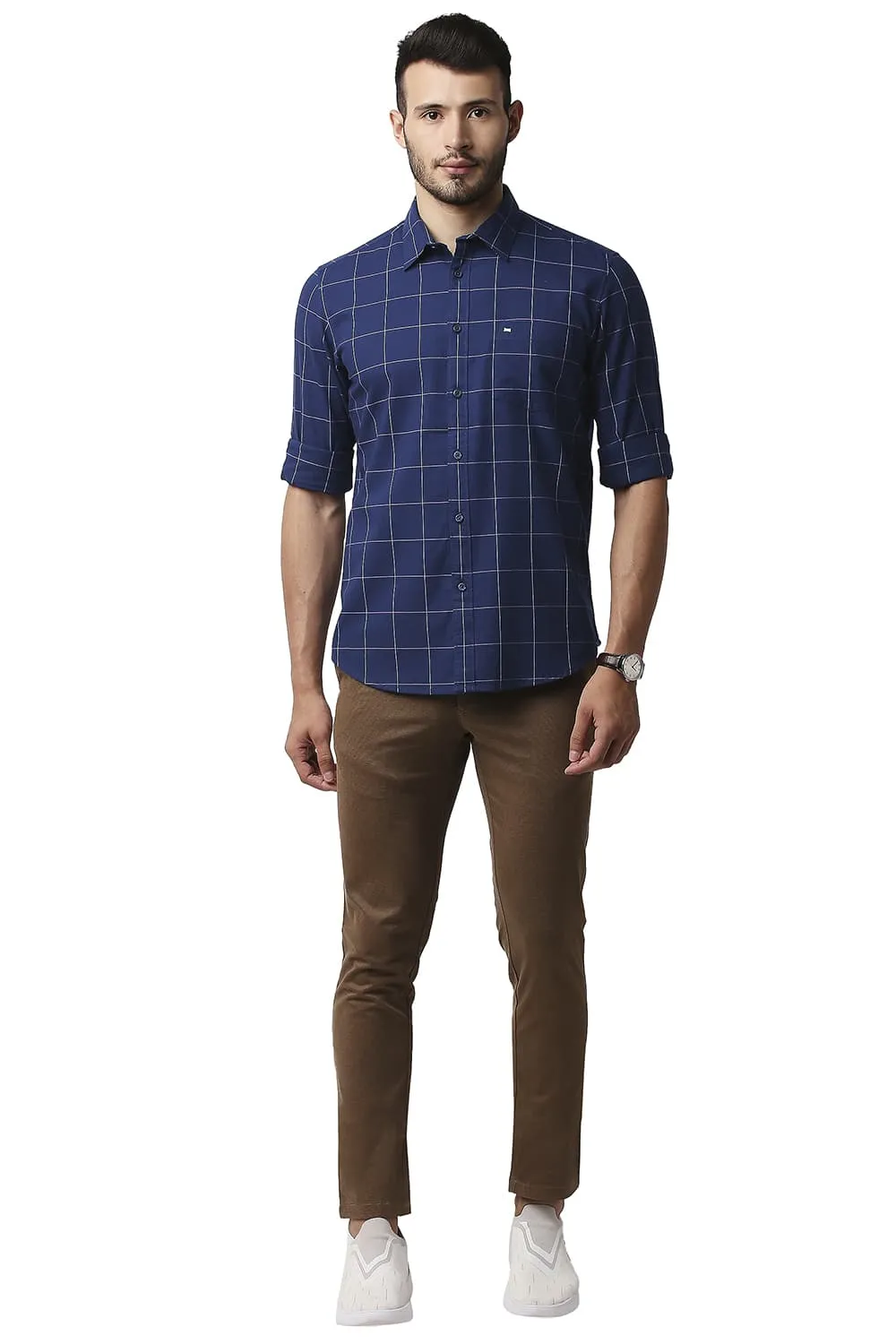Slim Fit Herring Bone Twill Checks Shirt