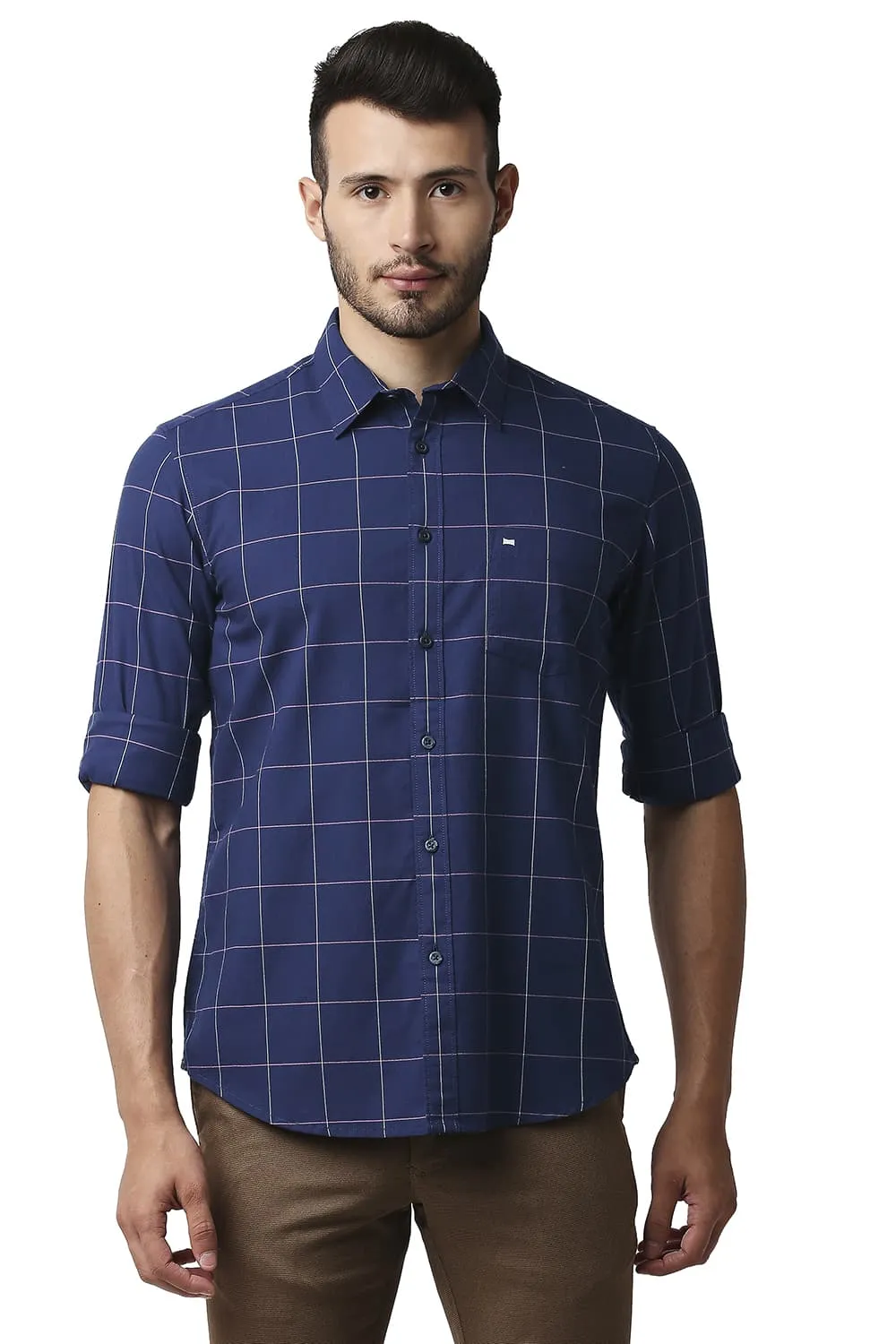Slim Fit Herring Bone Twill Checks Shirt