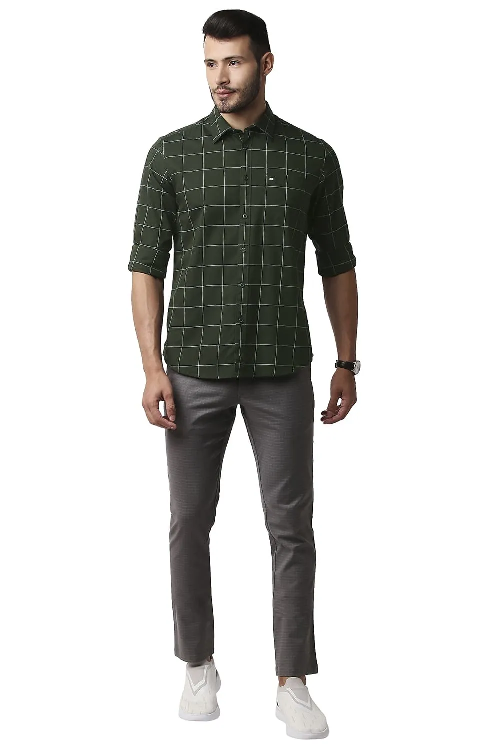 Slim Fit Herring Bone Twill Checks Shirt