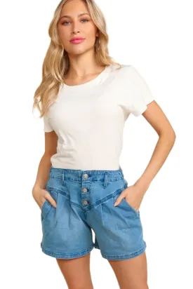 TEEK - Faded Blue High Rise Button Fly Washed Denim Shorts