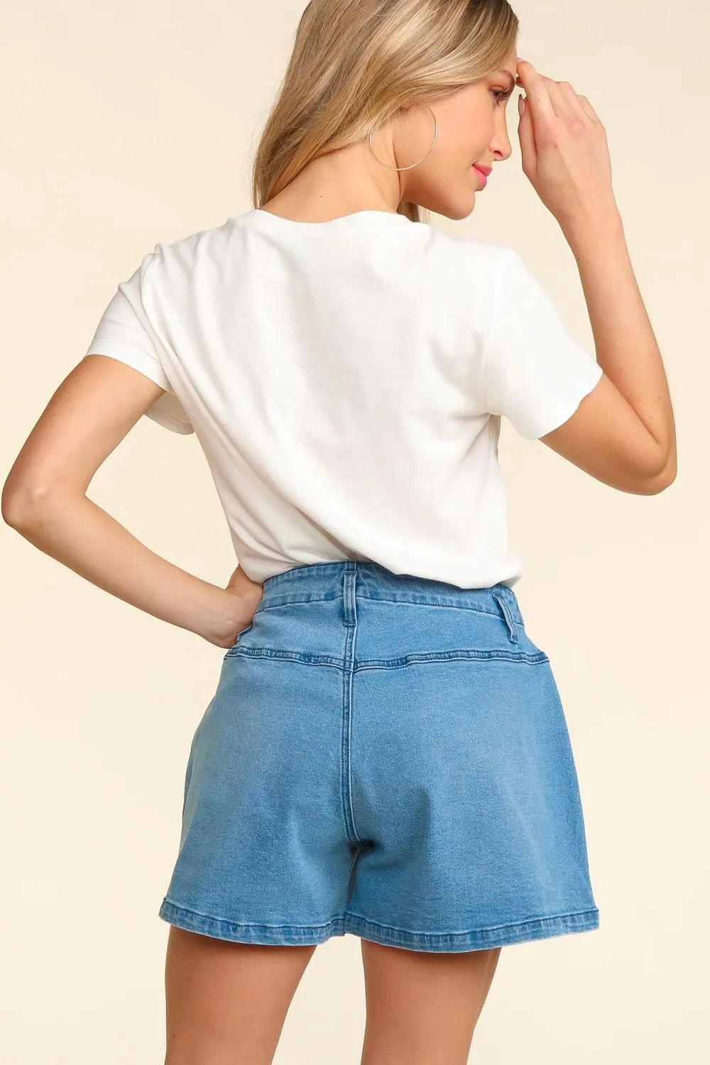 TEEK - Faded Blue High Rise Button Fly Washed Denim Shorts
