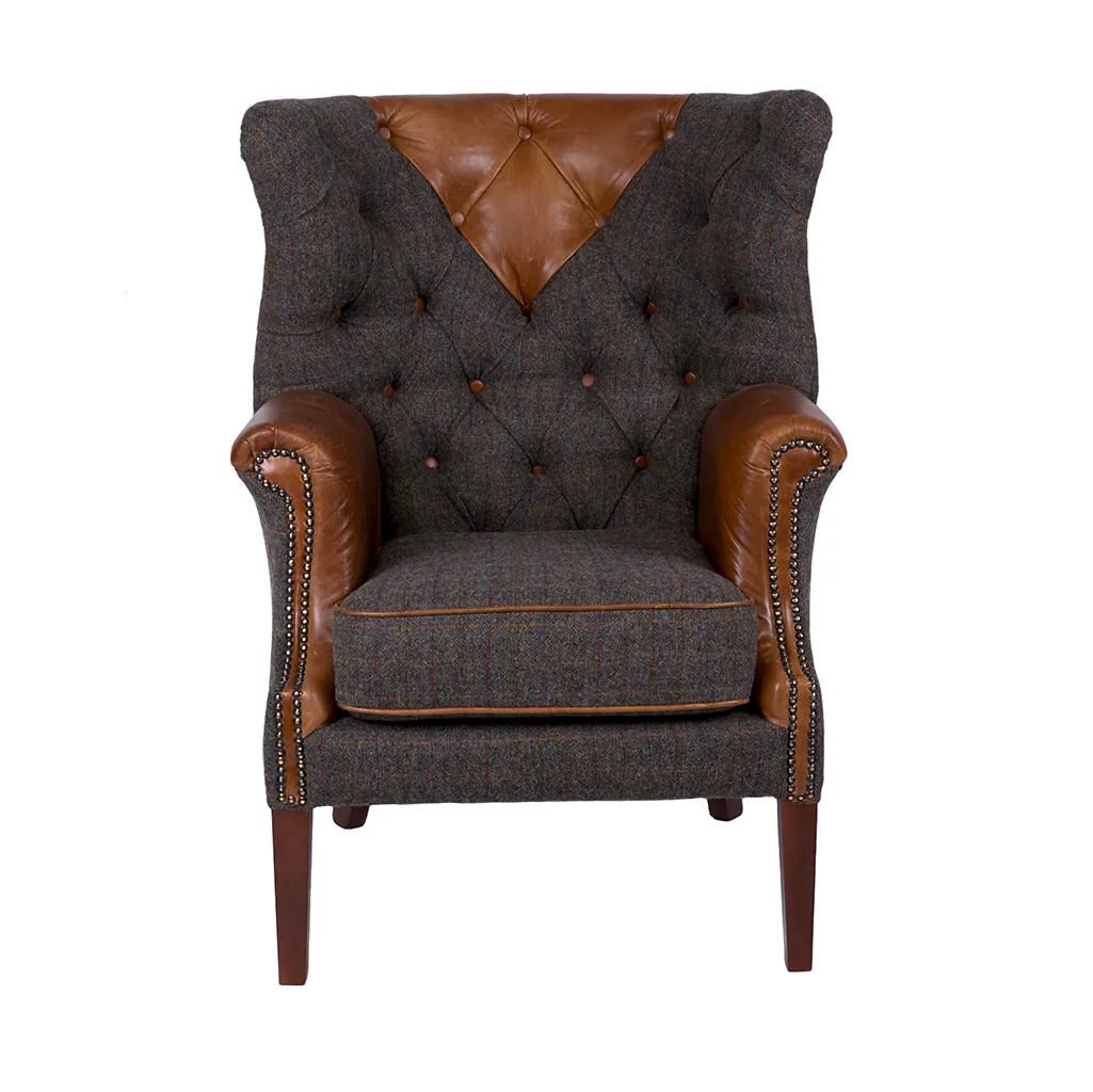 Uist Night Harris Tweed and Brown Cerato Leather Kensington Armchair
