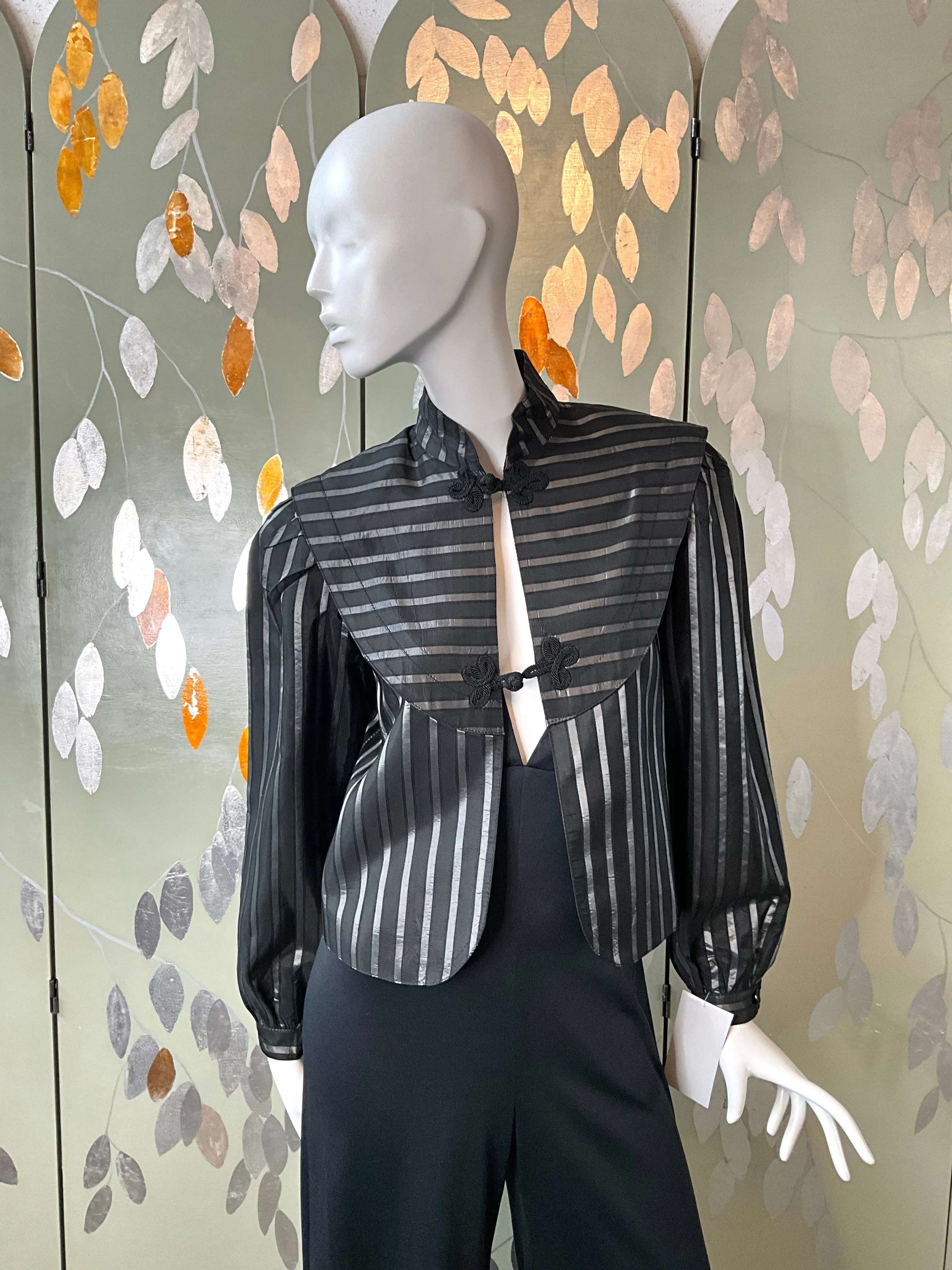 Vintage 1980s Black and Silver Stripe Puff Sleeve Taffeta Jacket, Medium