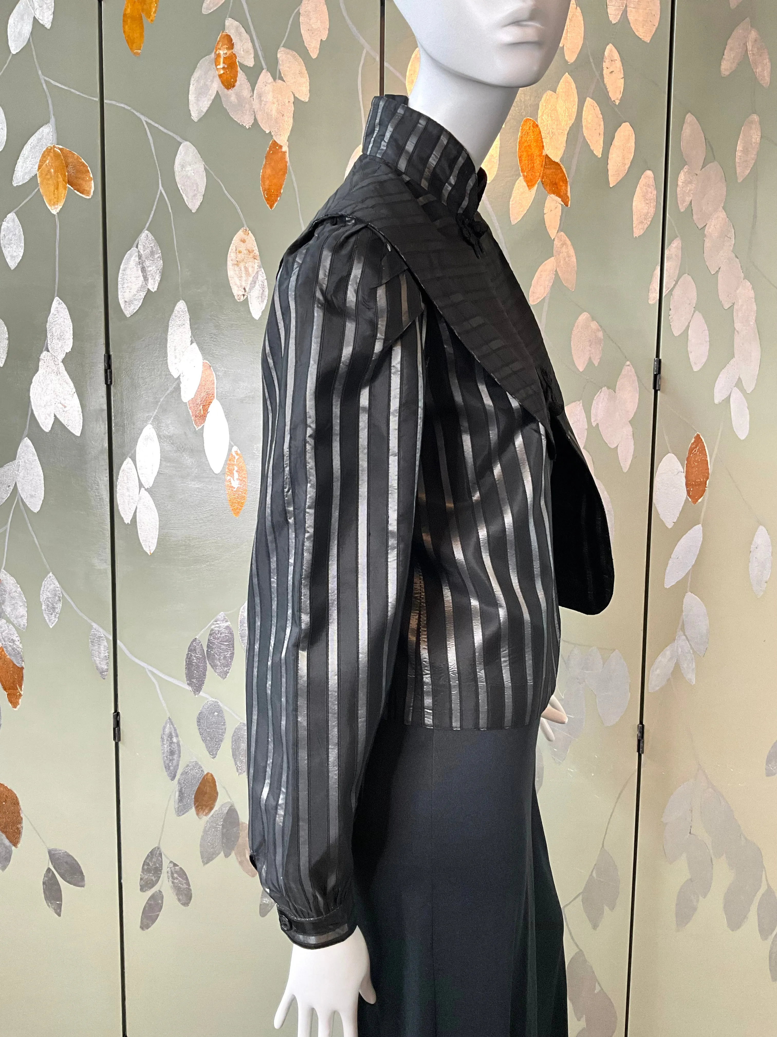 Vintage 1980s Black and Silver Stripe Puff Sleeve Taffeta Jacket, Medium