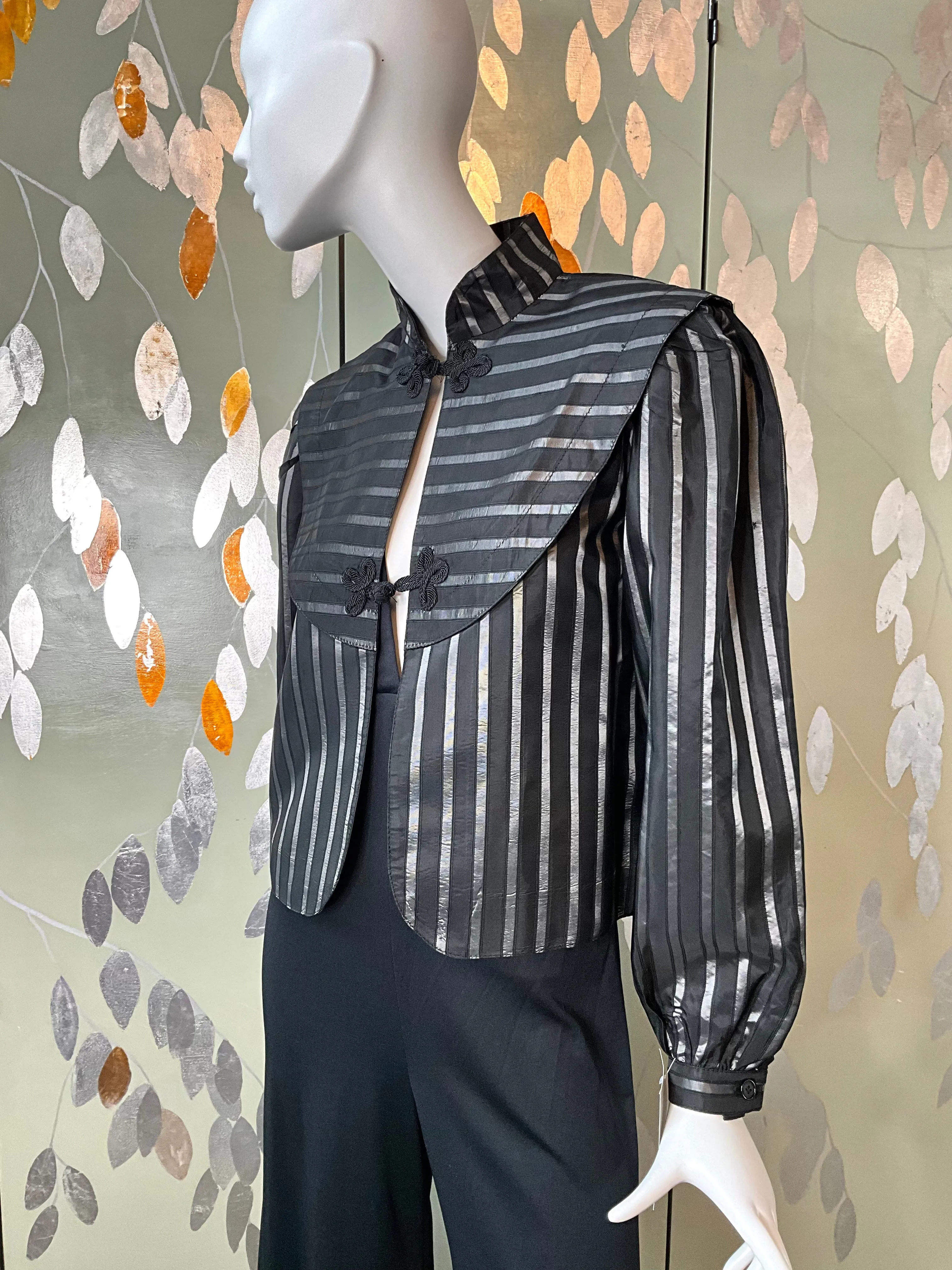 Vintage 1980s Black and Silver Stripe Puff Sleeve Taffeta Jacket, Medium