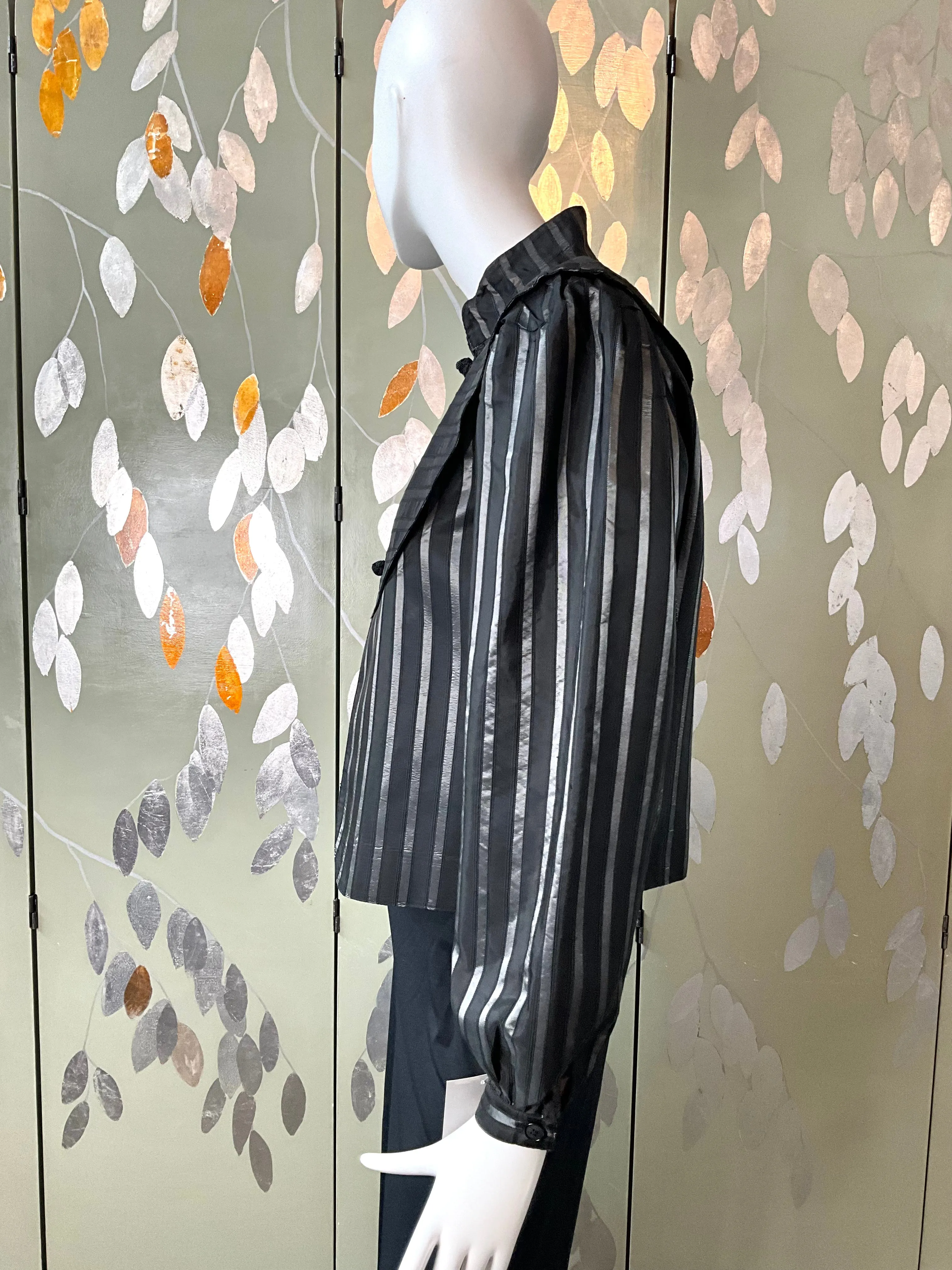 Vintage 1980s Black and Silver Stripe Puff Sleeve Taffeta Jacket, Medium