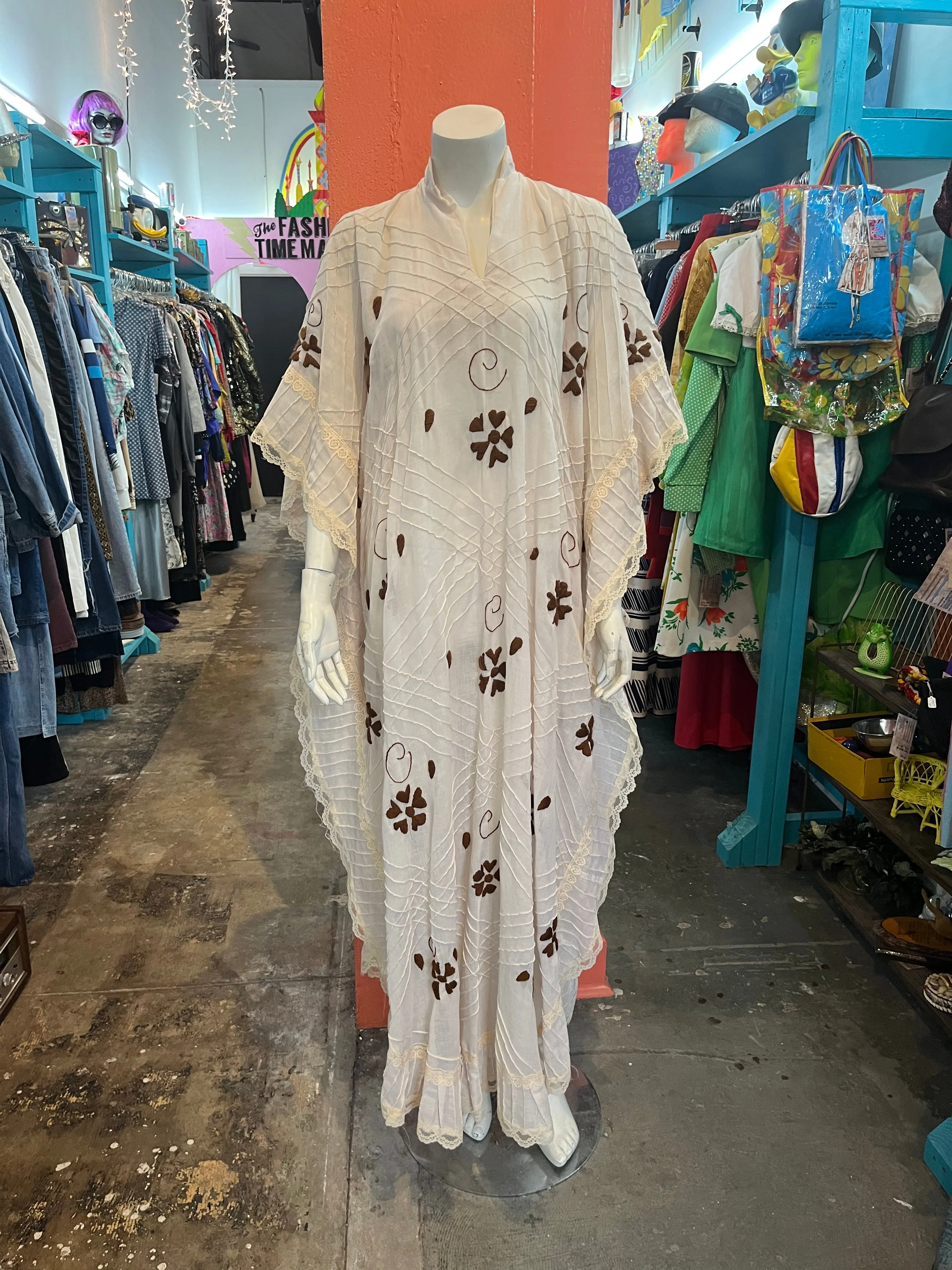 Vintage 70s | Embroidered Caftan Kaftan Muumuu Boho Hippie Gown Dress | Free Sz