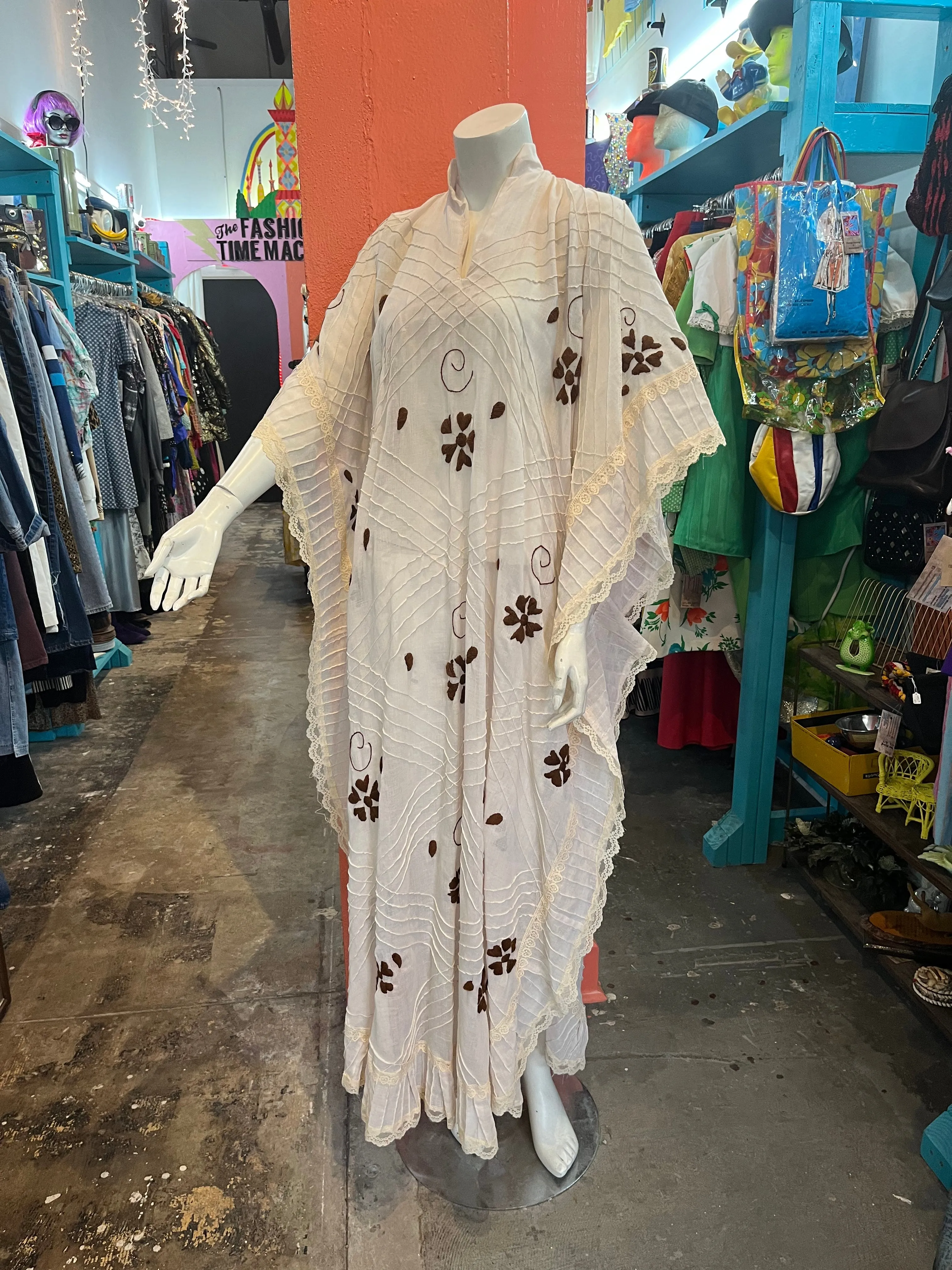Vintage 70s | Embroidered Caftan Kaftan Muumuu Boho Hippie Gown Dress | Free Sz