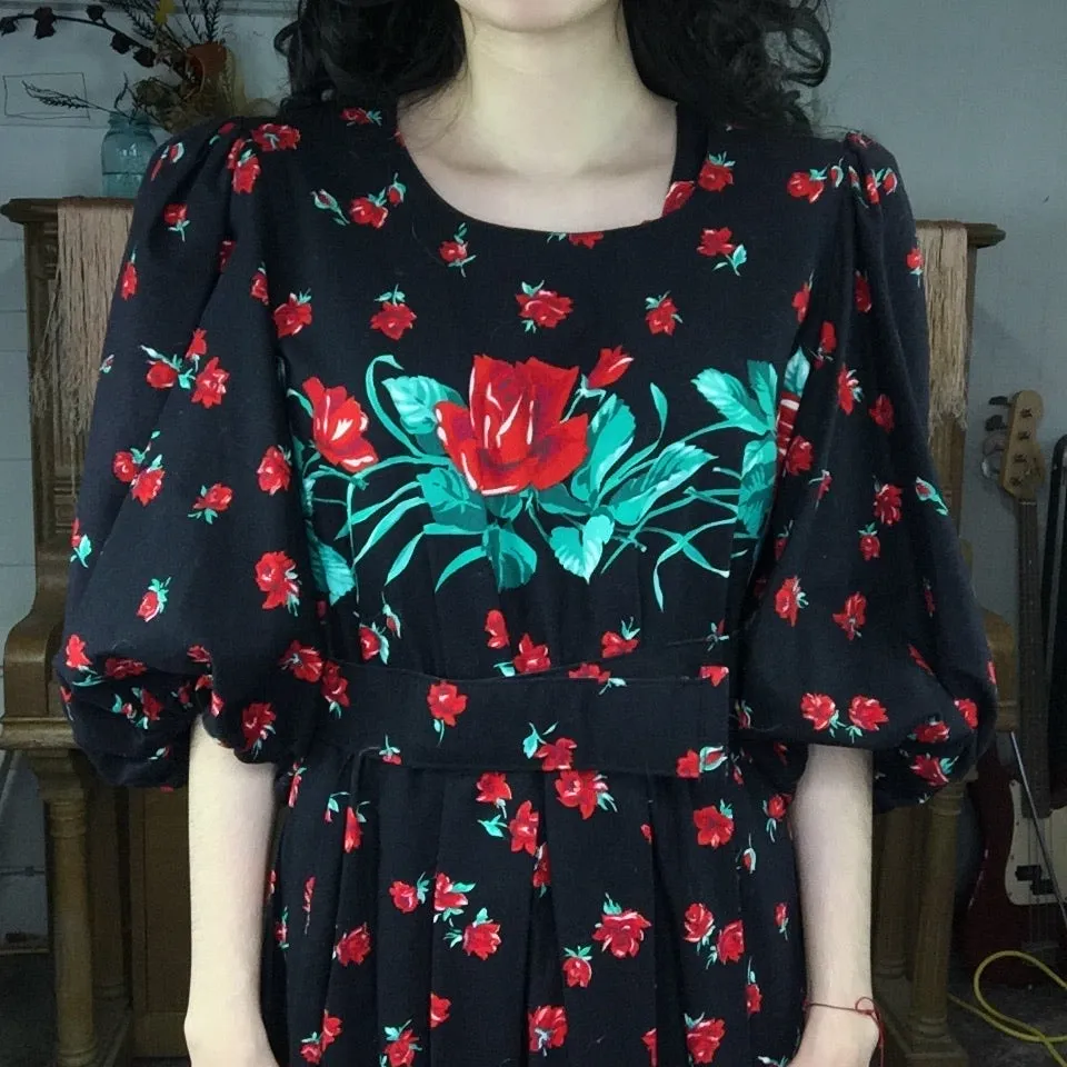 Vintage 80s | Sabino Floral Big Puffy Statement Puff Sleeve Prairie Dress | S