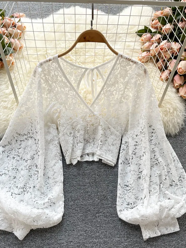 Women's elegant lace blouse with v-neckline and long sleeves open back